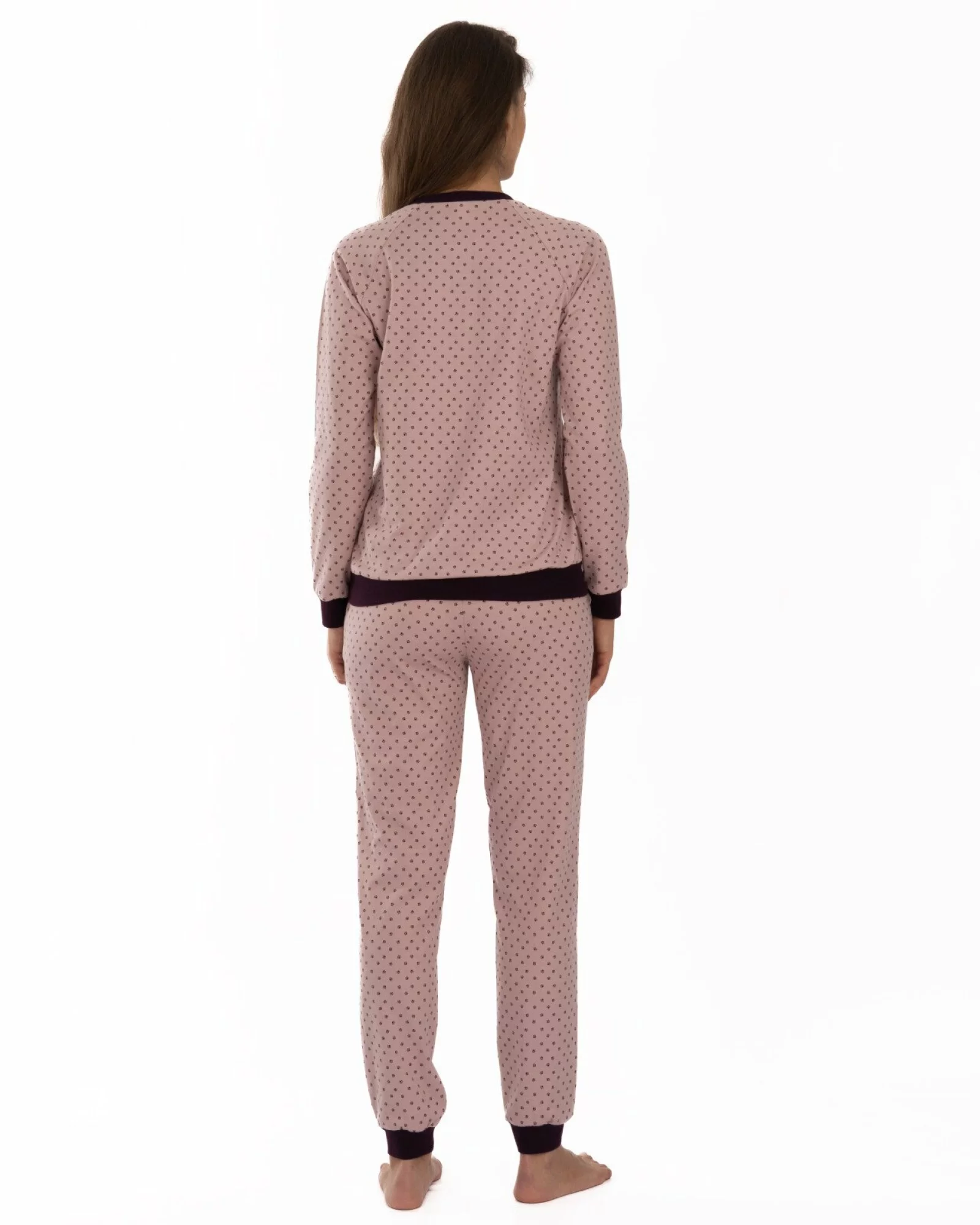 Pijama roz pudrat din bumbac elastan, model raglan cu manșete