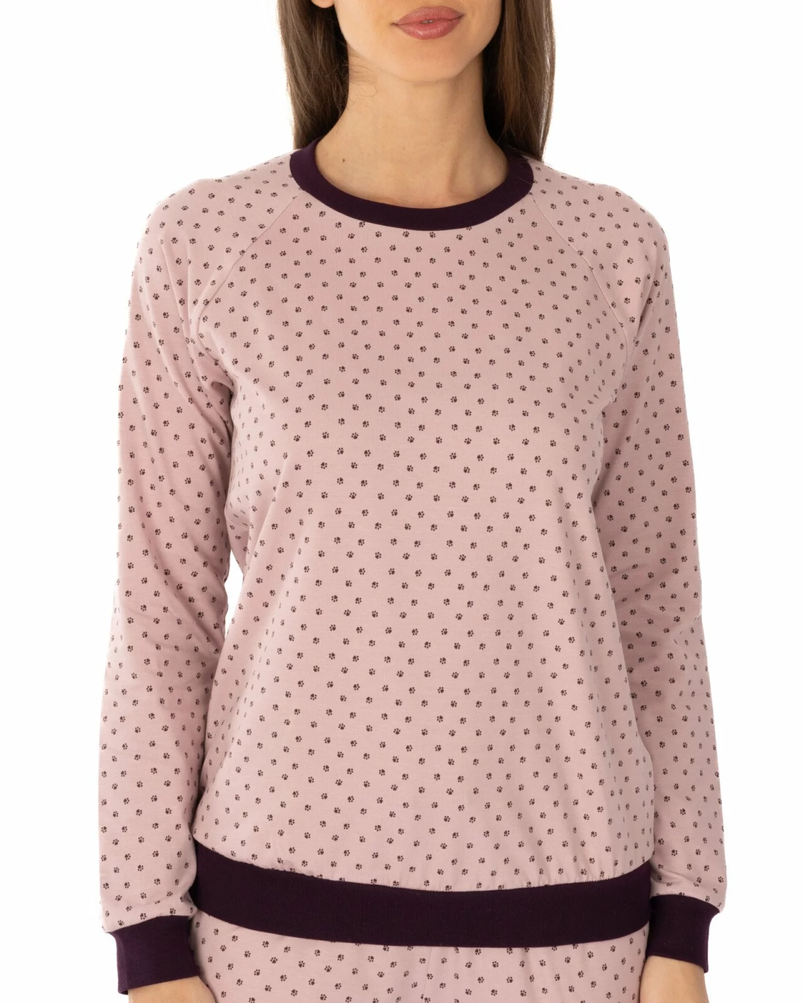 Pijama roz pudrat din bumbac elastan, model raglan cu manșete