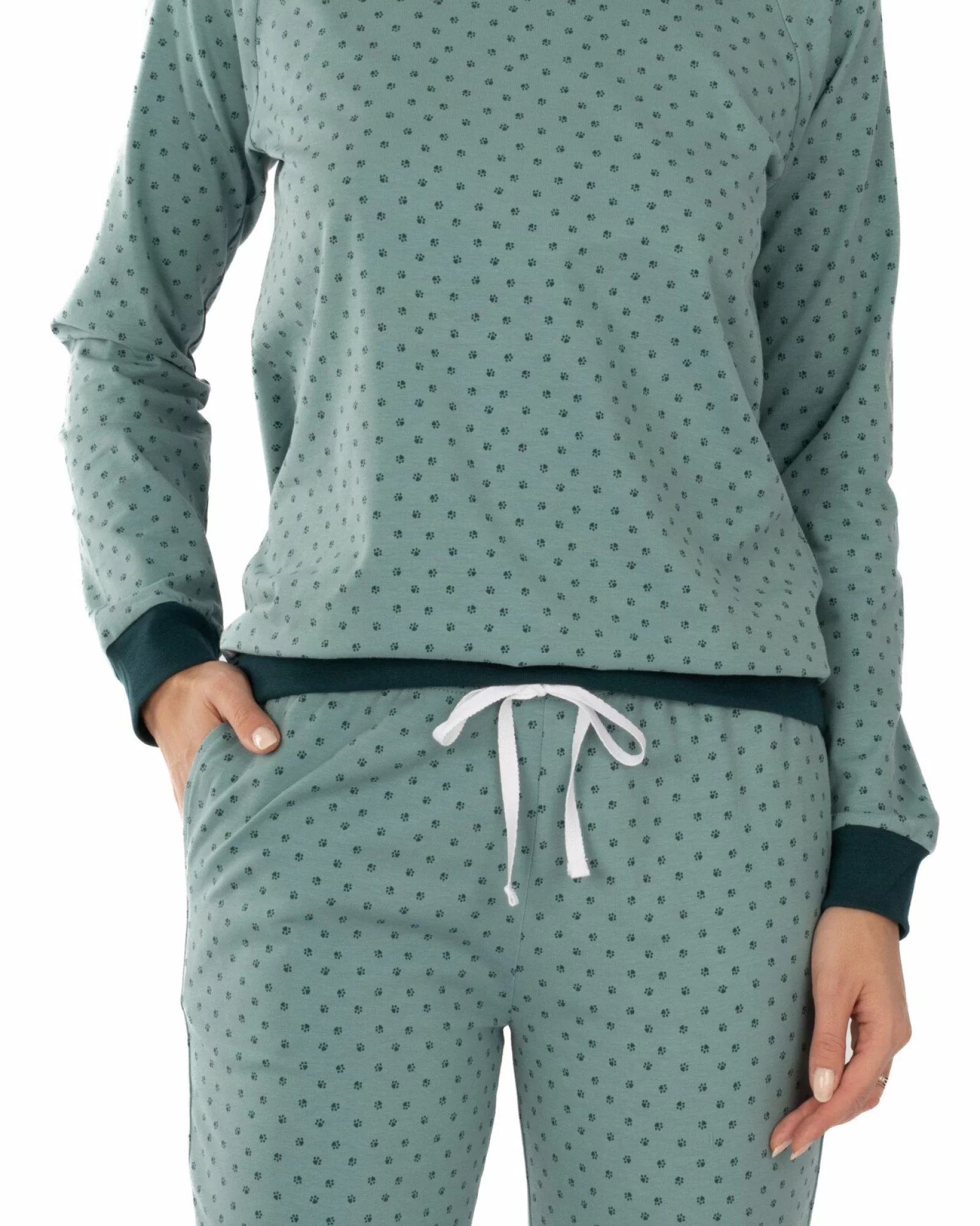 Pijama verde pudrat din bumbac elastan, model raglan cu manșete