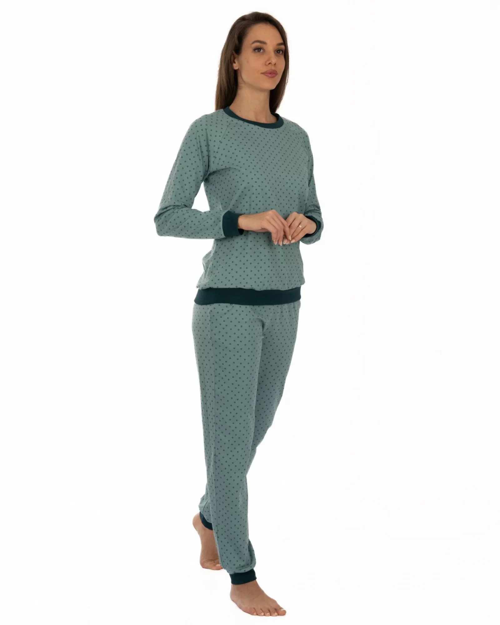 Pijama verde pudrat din bumbac elastan, model raglan cu manșete