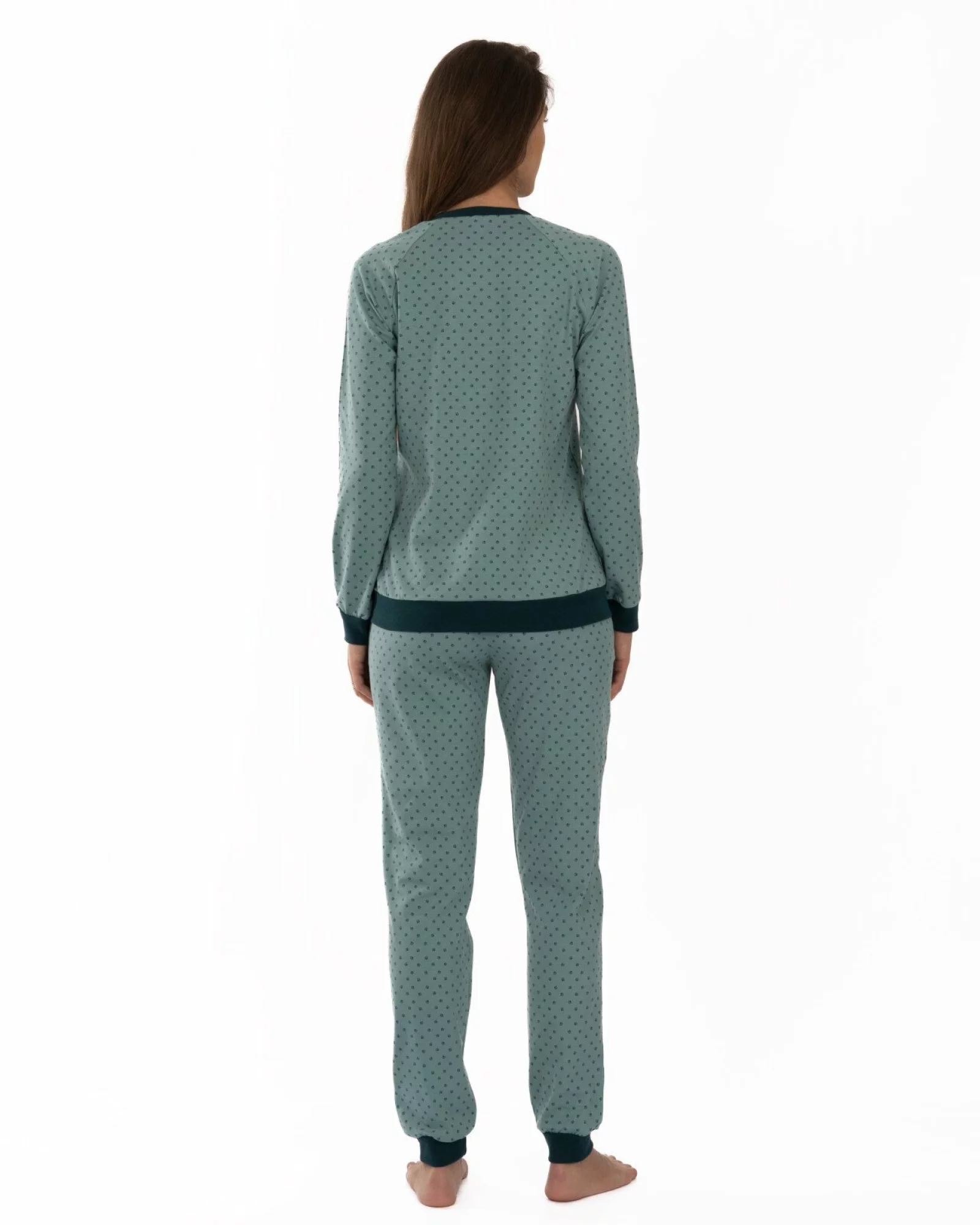Pijama verde pudrat din bumbac elastan, model raglan cu manșete