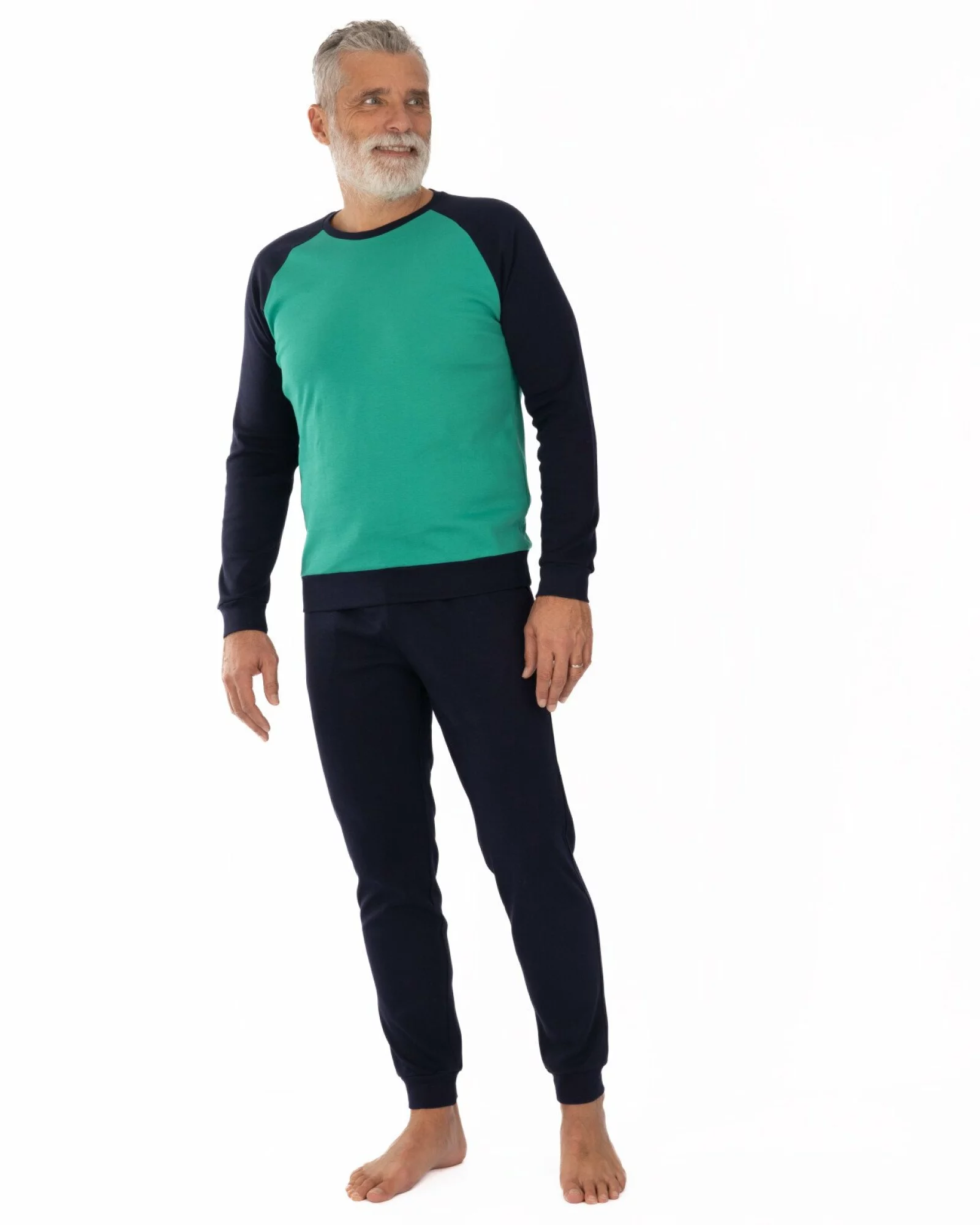 Set bărbați verde și bleumarin din interlock de bumbac, model raglan