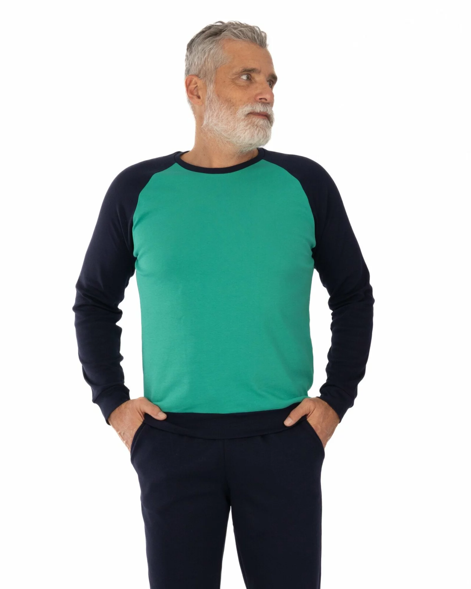 Set bărbați verde și bleumarin din interlock de bumbac, model raglan