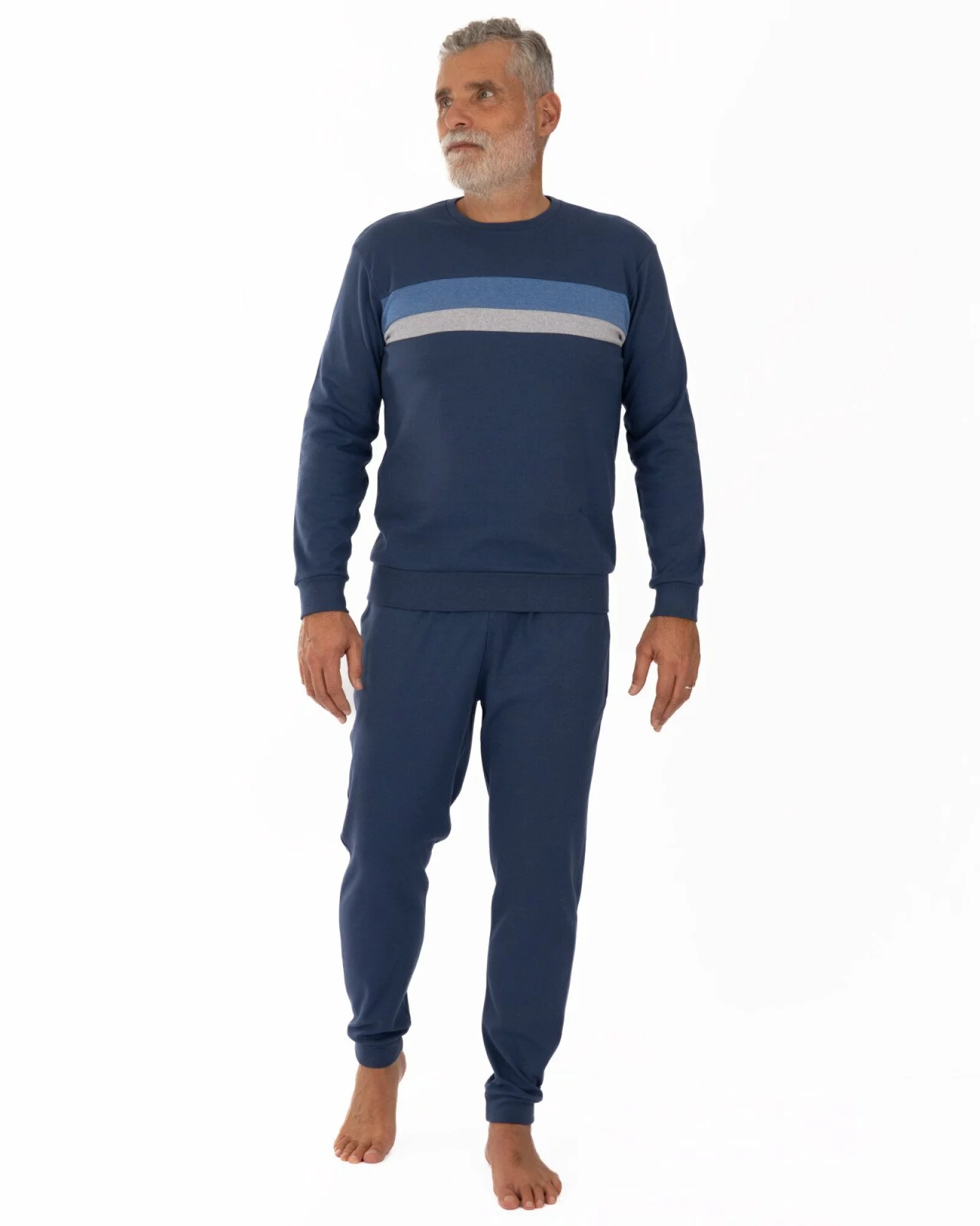 Set bărbați, culoare albastru jeans, din interlock de bumbac, cu inserții pe piept