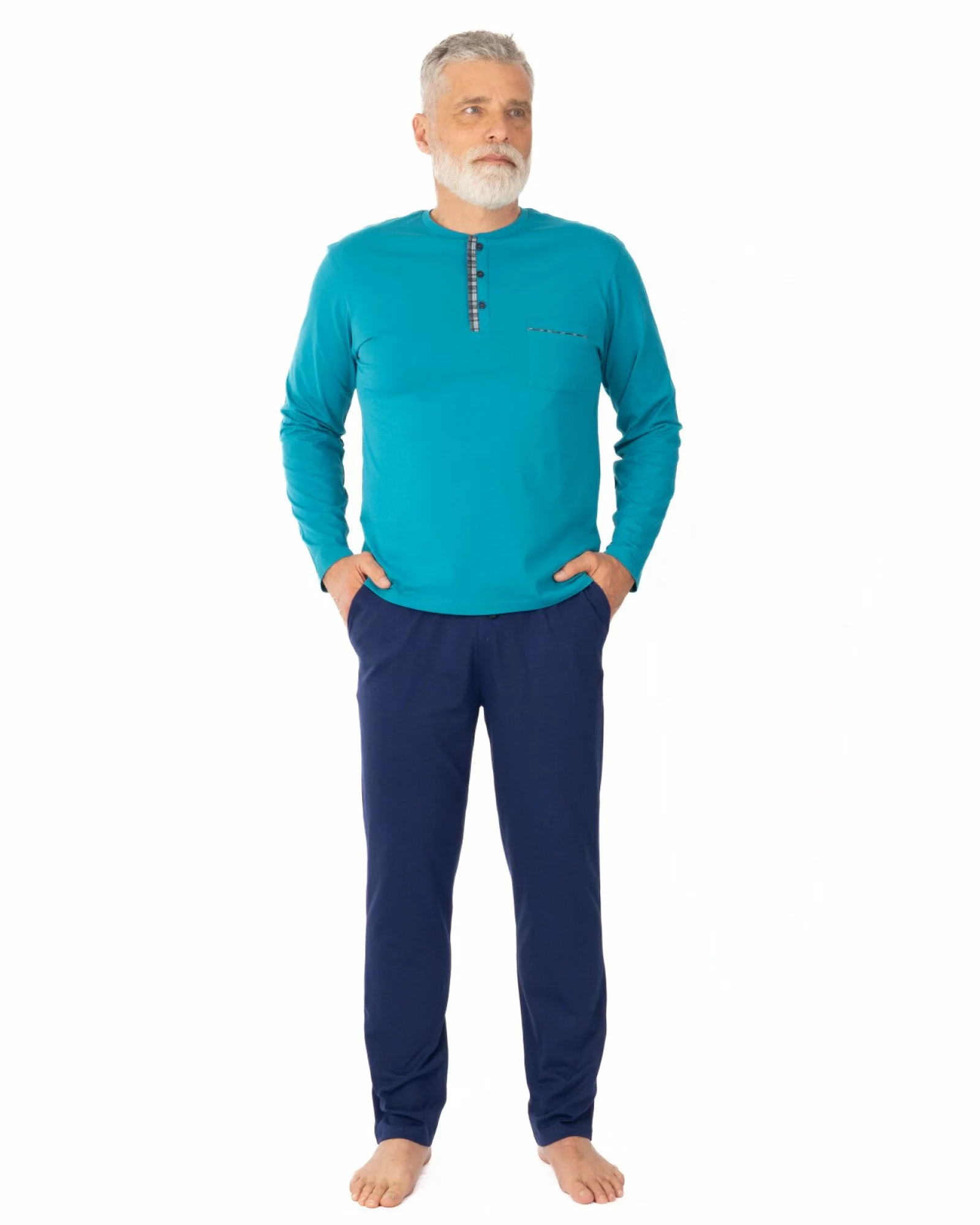 Pijama bărbați, culoare laguna, din bumbac, cu fentă în două culori
