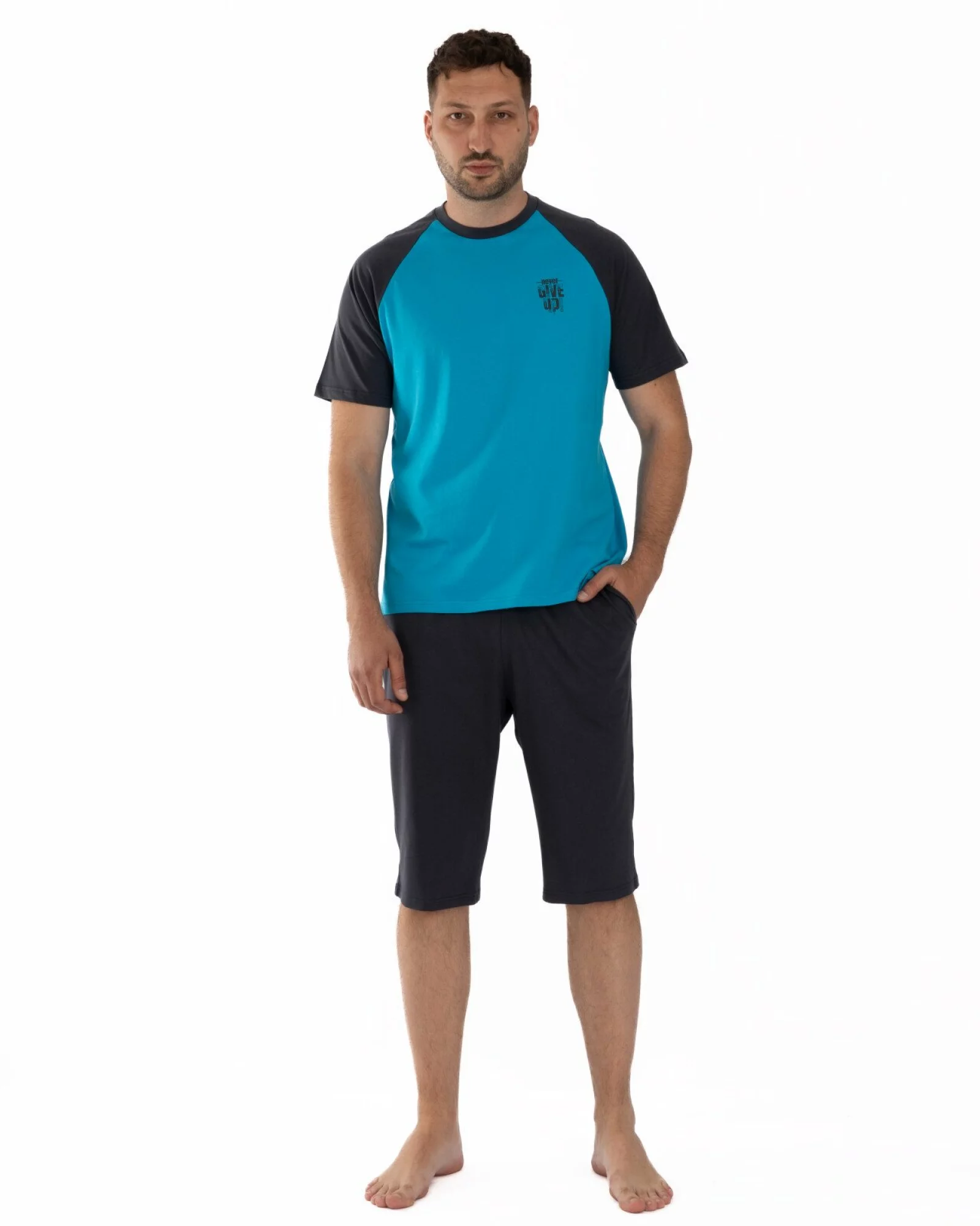 Pijama turcoaz bumbac ușor, model raglan
