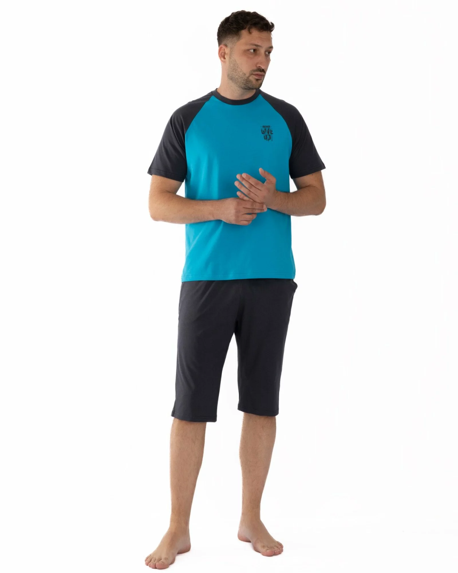 Pijama turcoaz bumbac ușor, model raglan