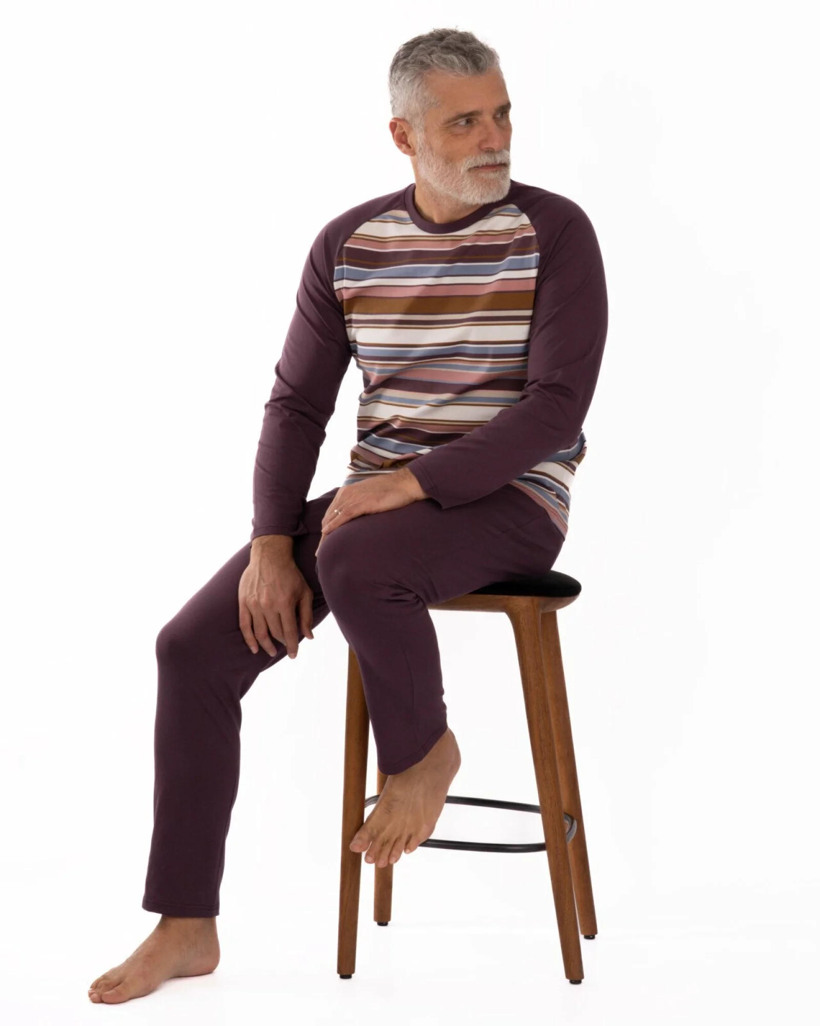 Pijama bordo bumbac, model raglan în dungi