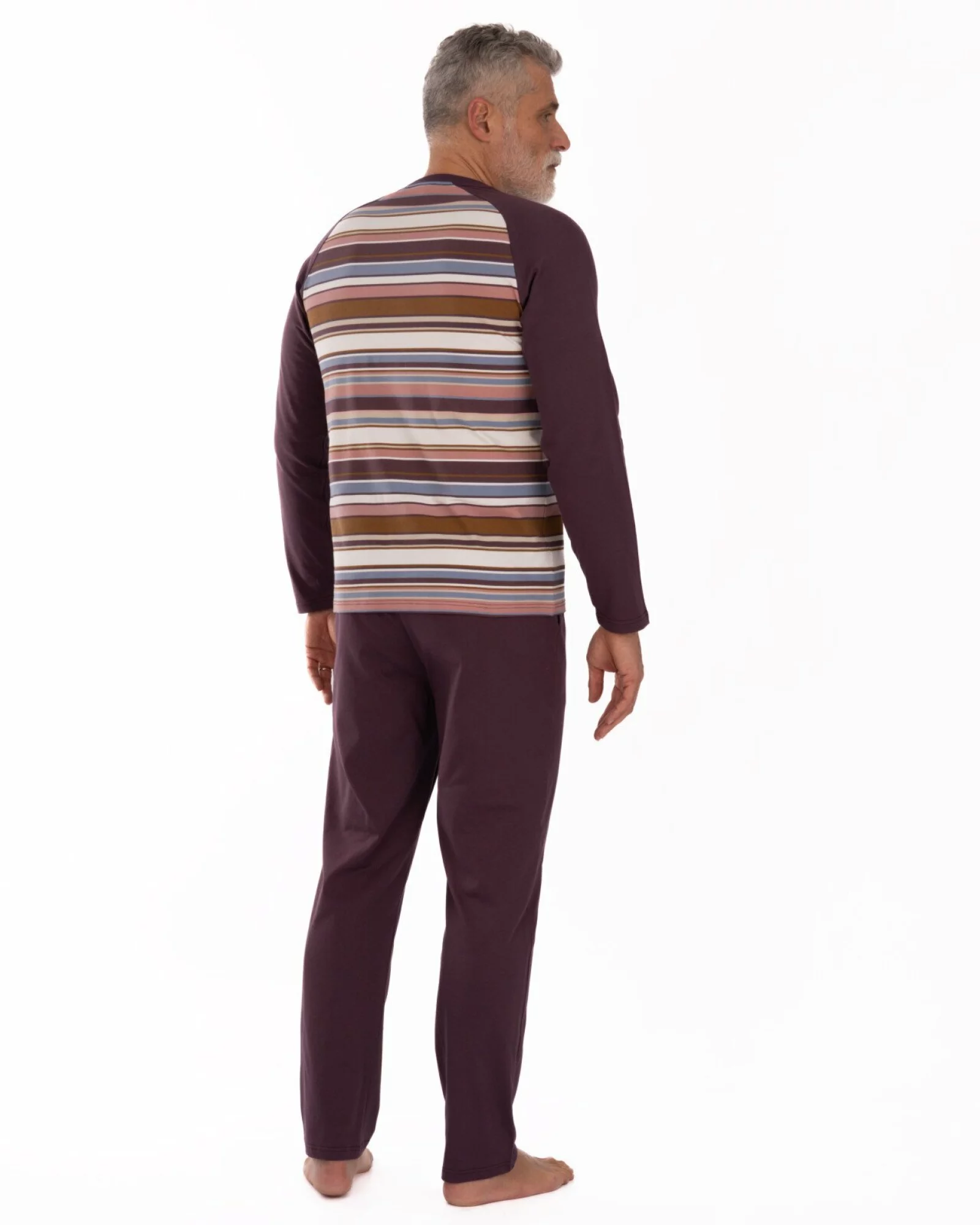 Pijama bordo bumbac, model raglan în dungi