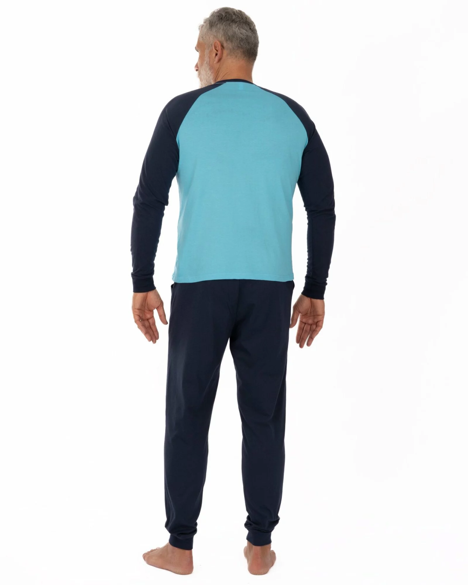 Pijama bărbați albastru azur și bleumarin din bumbac ușor, model raglan