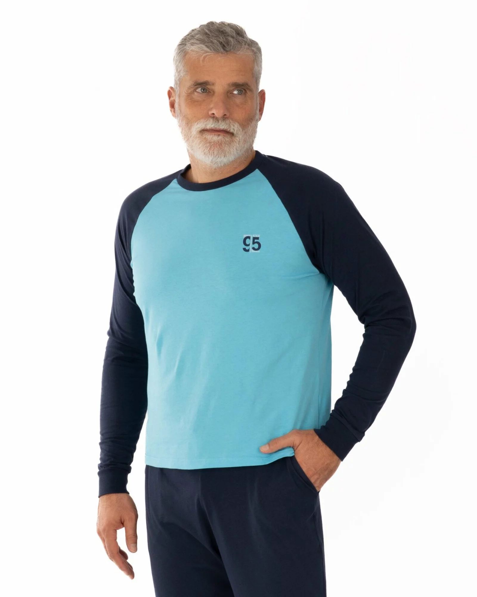 Pijama bărbați albastru azur și bleumarin din bumbac ușor, model raglan