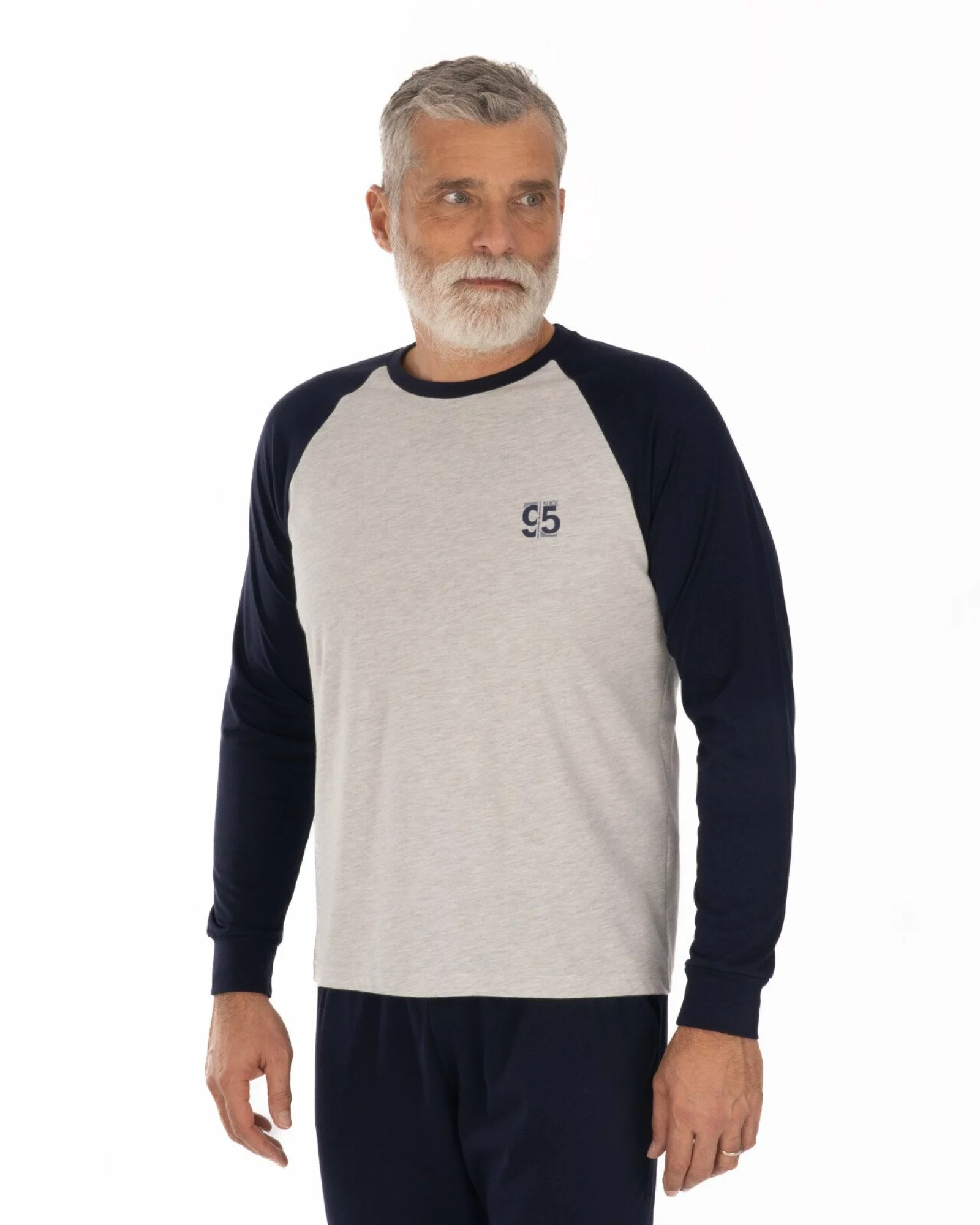 Pijama bărbați gri melange și bleumarin din bumbac ușor, model raglan