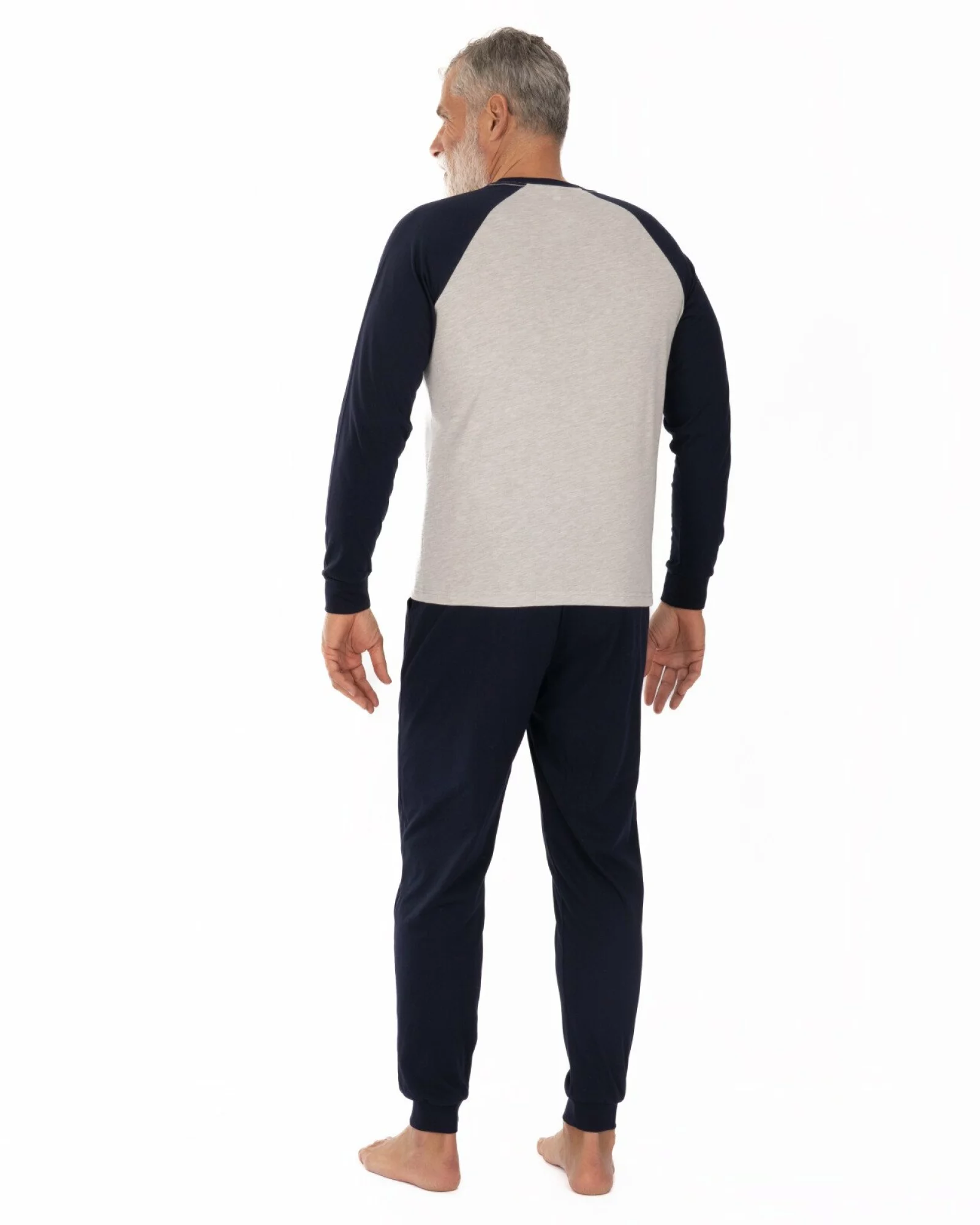 Pijama bărbați gri melange și bleumarin din bumbac ușor, model raglan