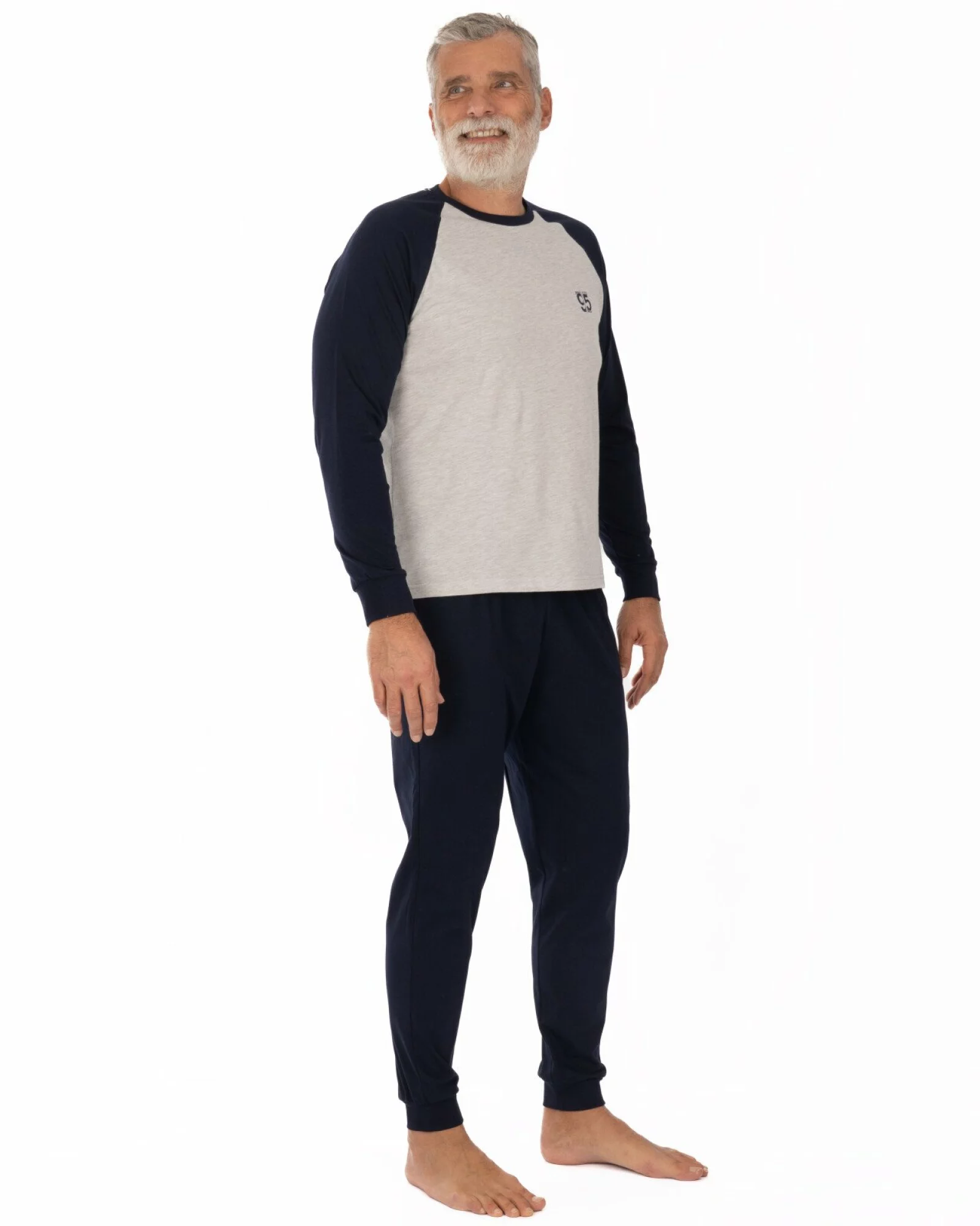 Pijama bărbați gri melange și bleumarin din bumbac ușor, model raglan