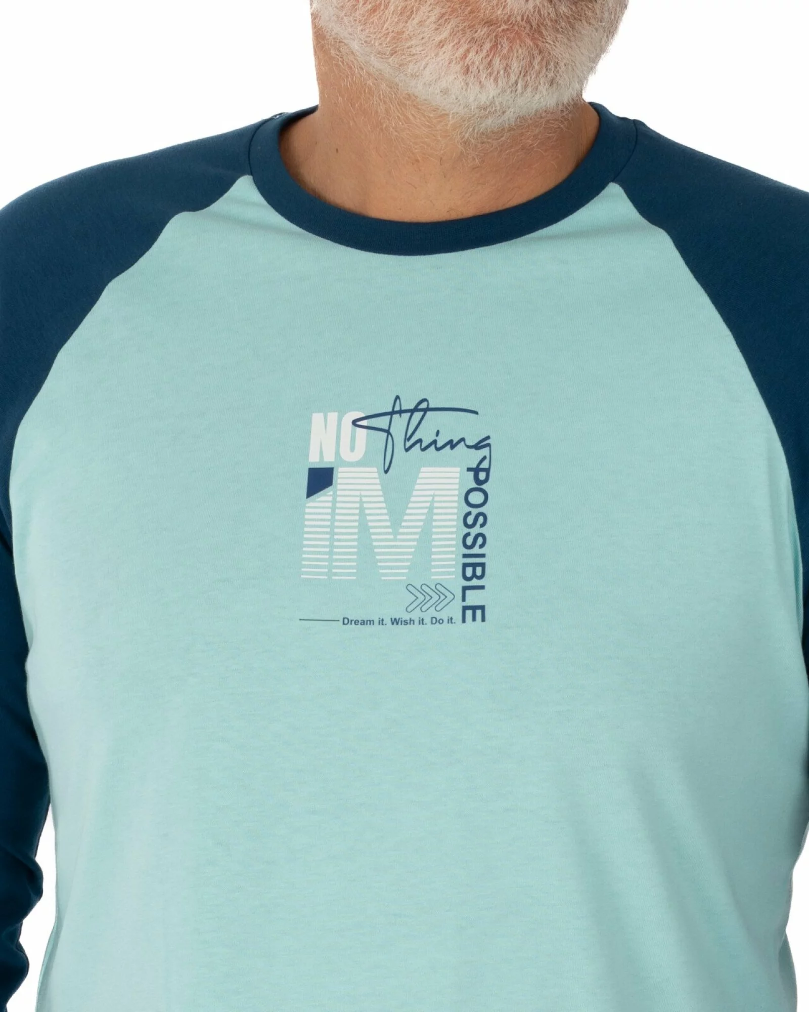 Pijama bărbați din bumbac, culoare aqua deschis și petrol, model raglan