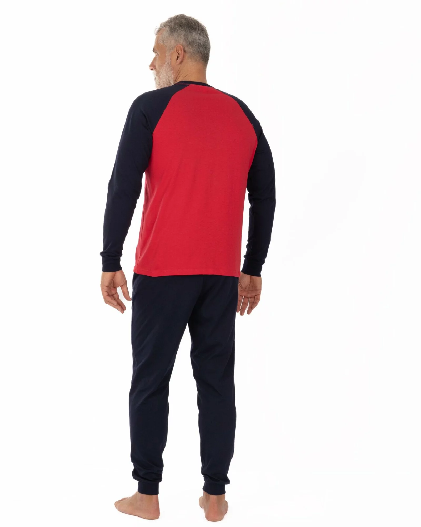 Pijama bărbați roșu și bleumarin din bumbac, model raglan