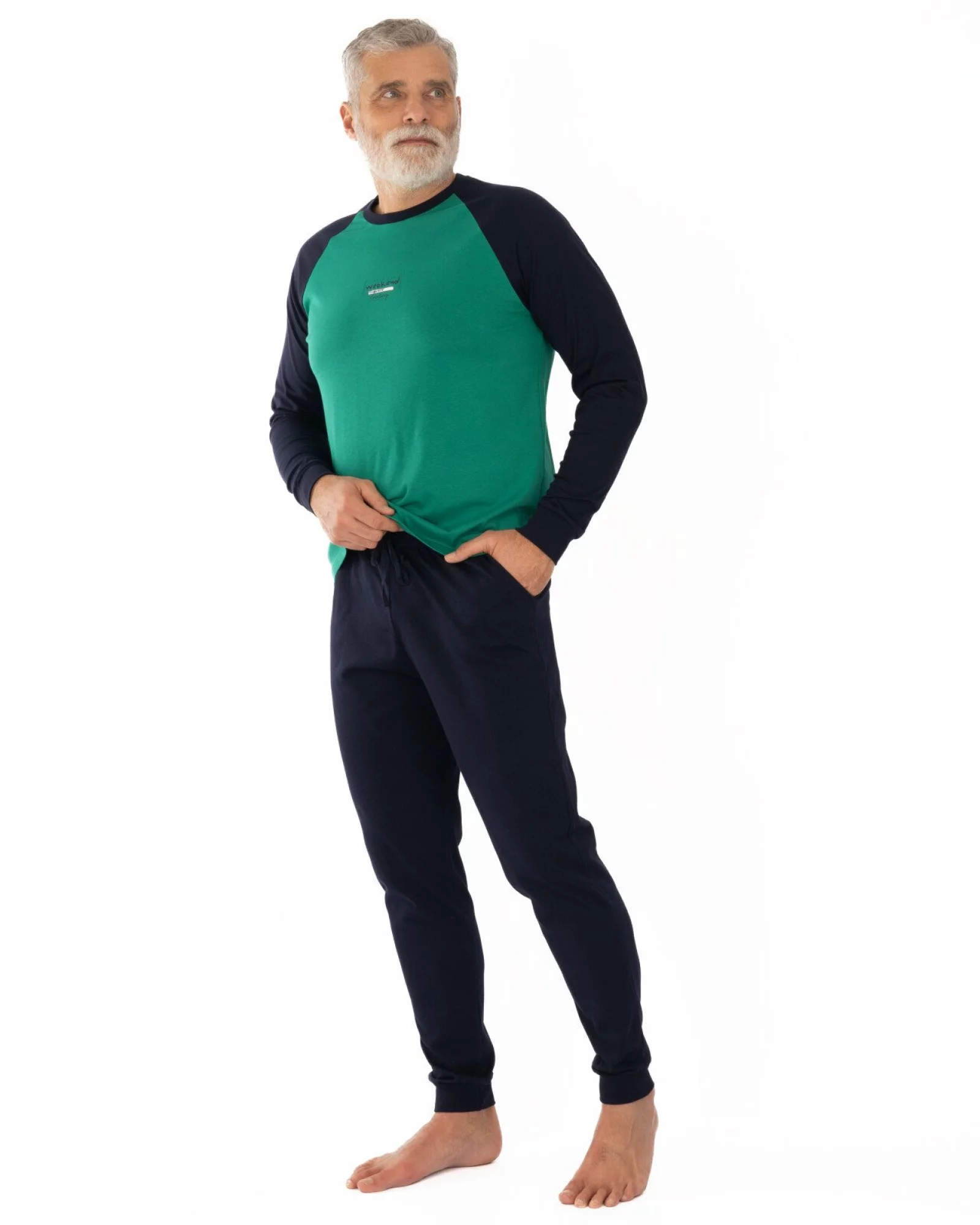Pijama bărbați verde și bleumarin din bumbac, model raglan