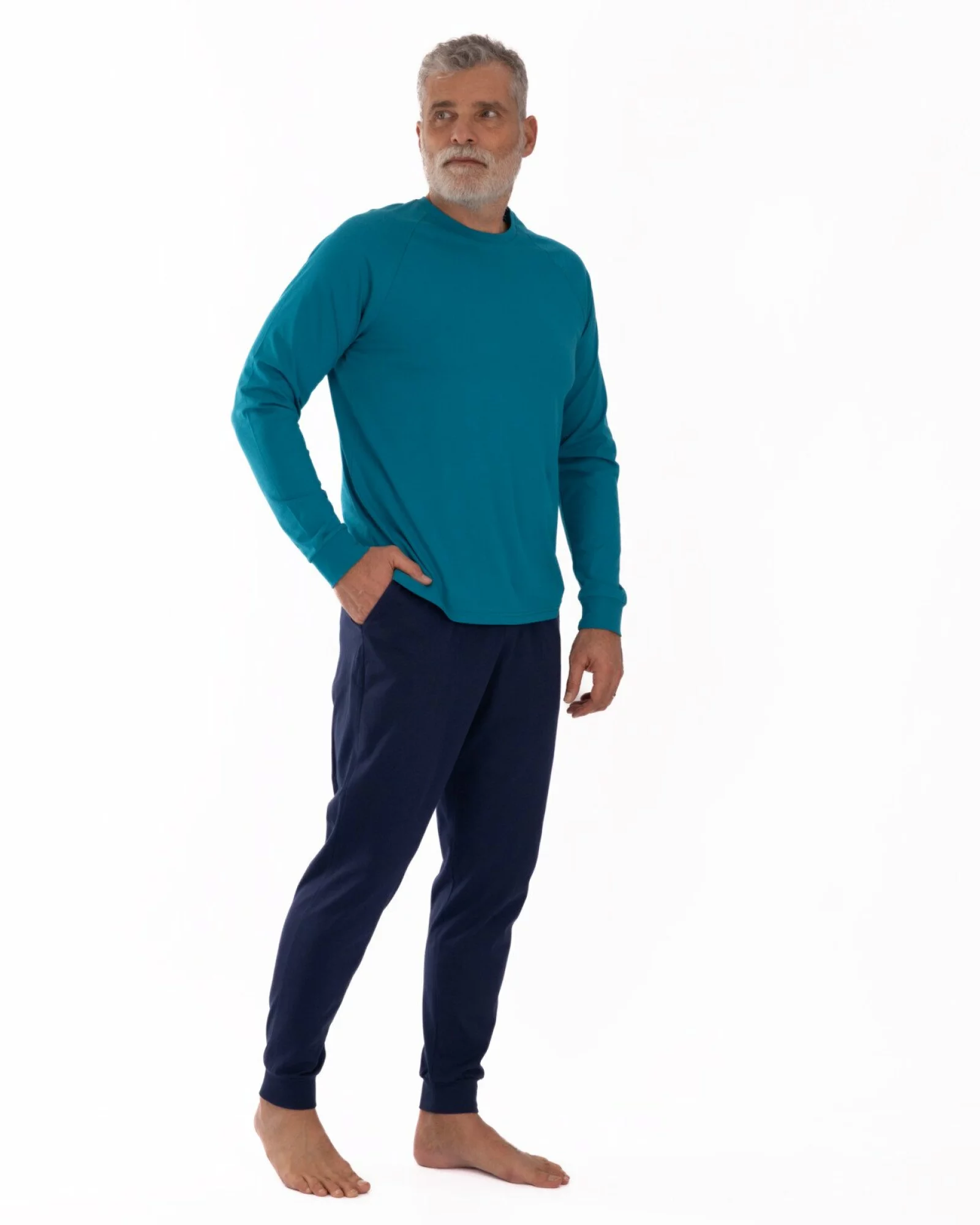 Pijama bărbați lagună și bleumarin din bumbac, model raglan