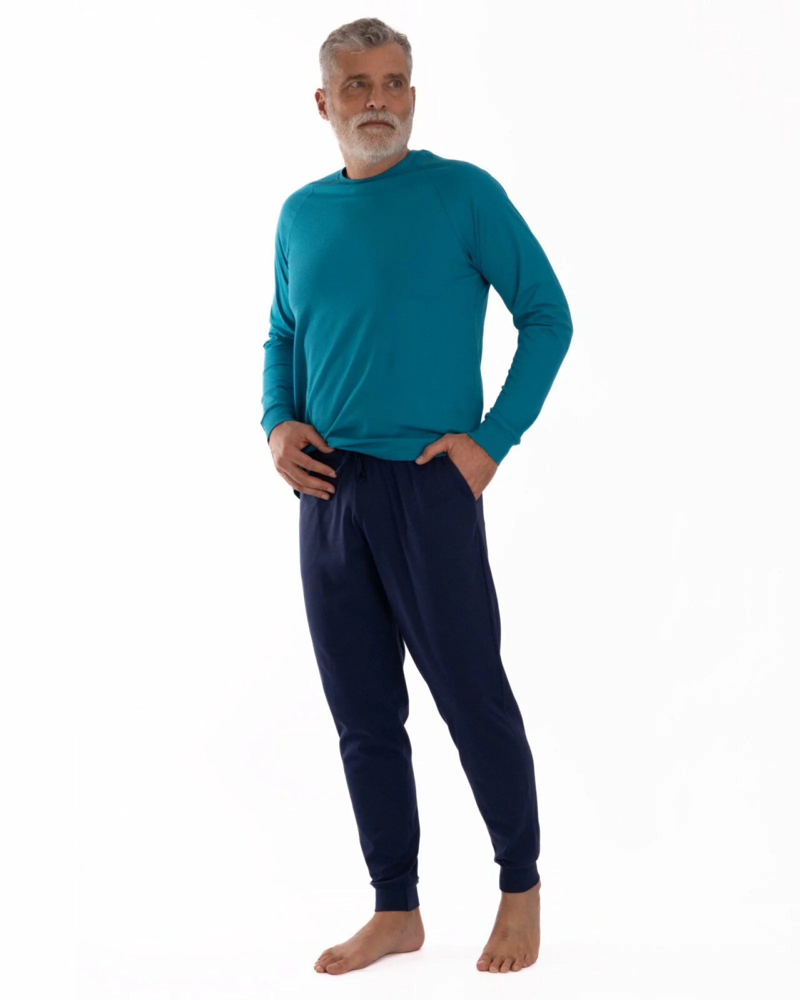 Pijama bărbați lagună și bleumarin din bumbac, model raglan