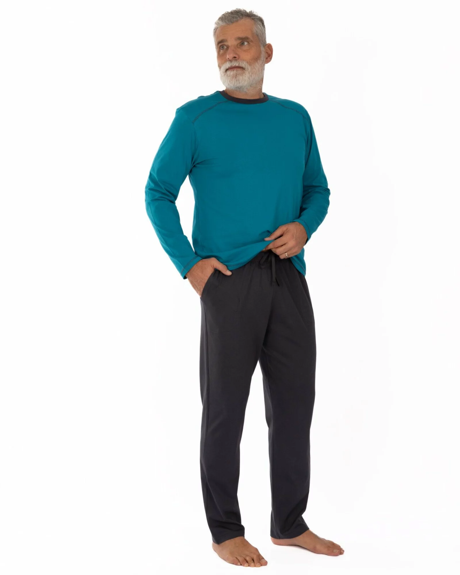 Pijama bărbați lagună și gri din bumbac, cu cusătură decorativă