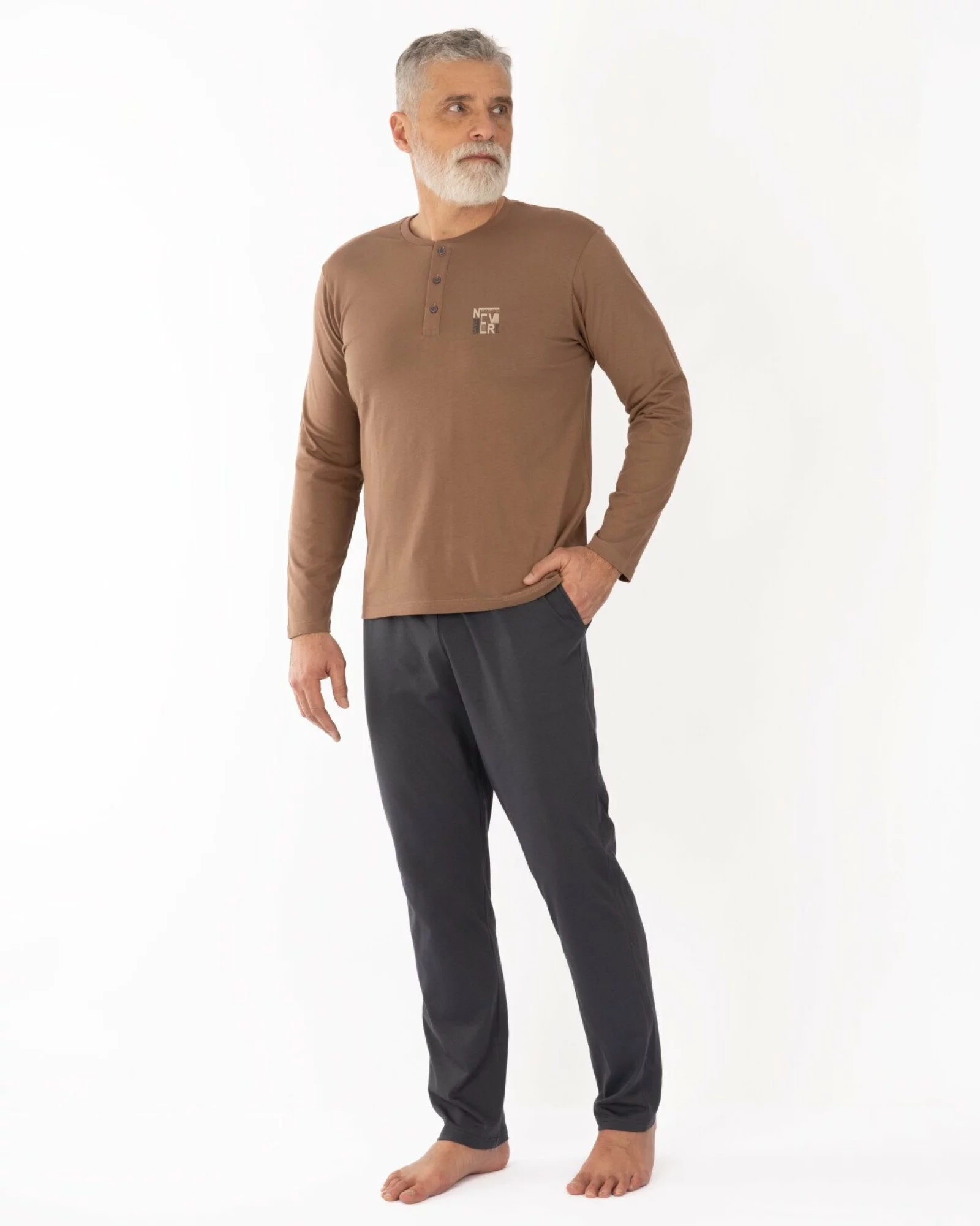 Pijama bărbați, culoare cappuccino, din bumbac, cu fenta și nasturi