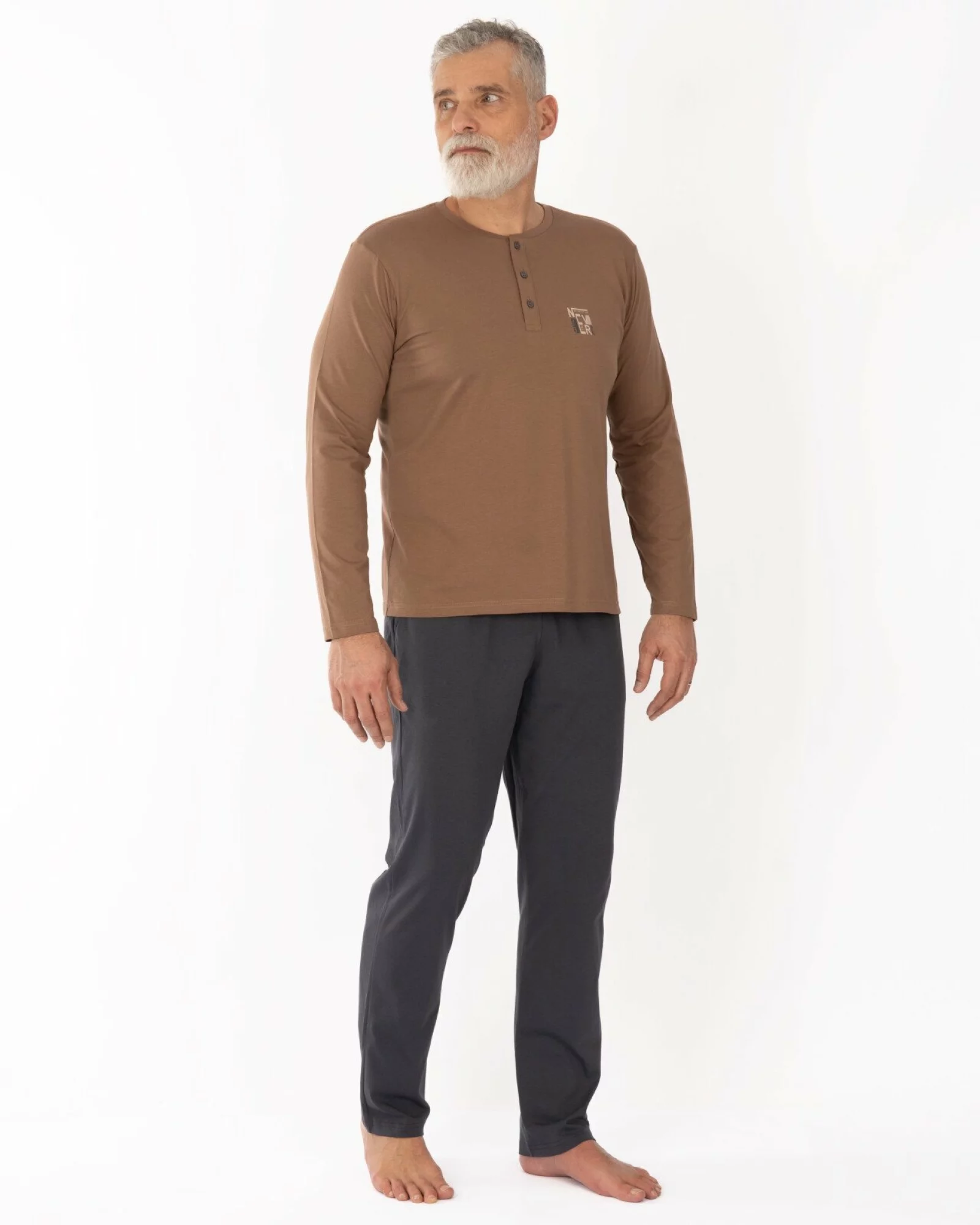 Pijama bărbați, culoare cappuccino, din bumbac, cu fenta și nasturi