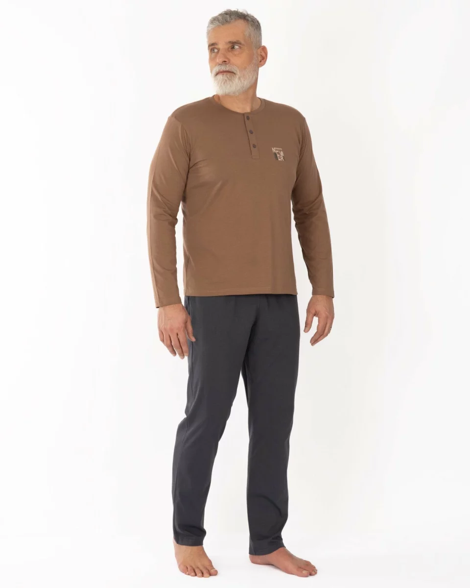 Pijama bărbați, culoare cappuccino, din bumbac, cu fenta și nasturi