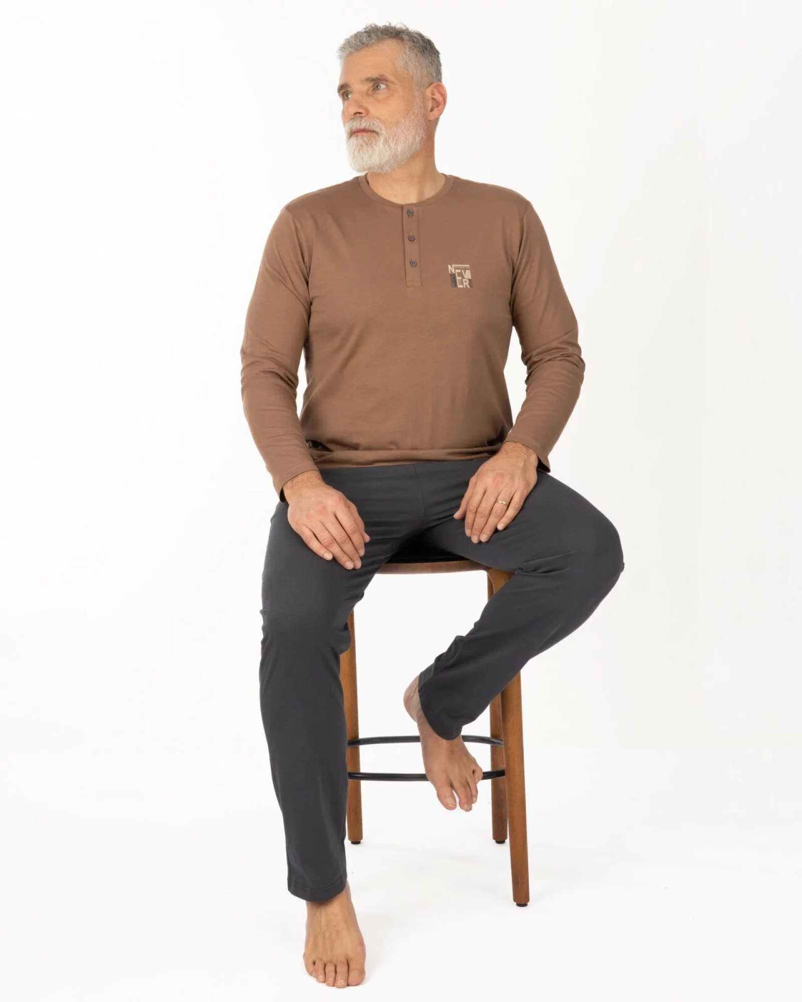 Pijama bărbați, culoare cappuccino, din bumbac, cu fenta și nasturi