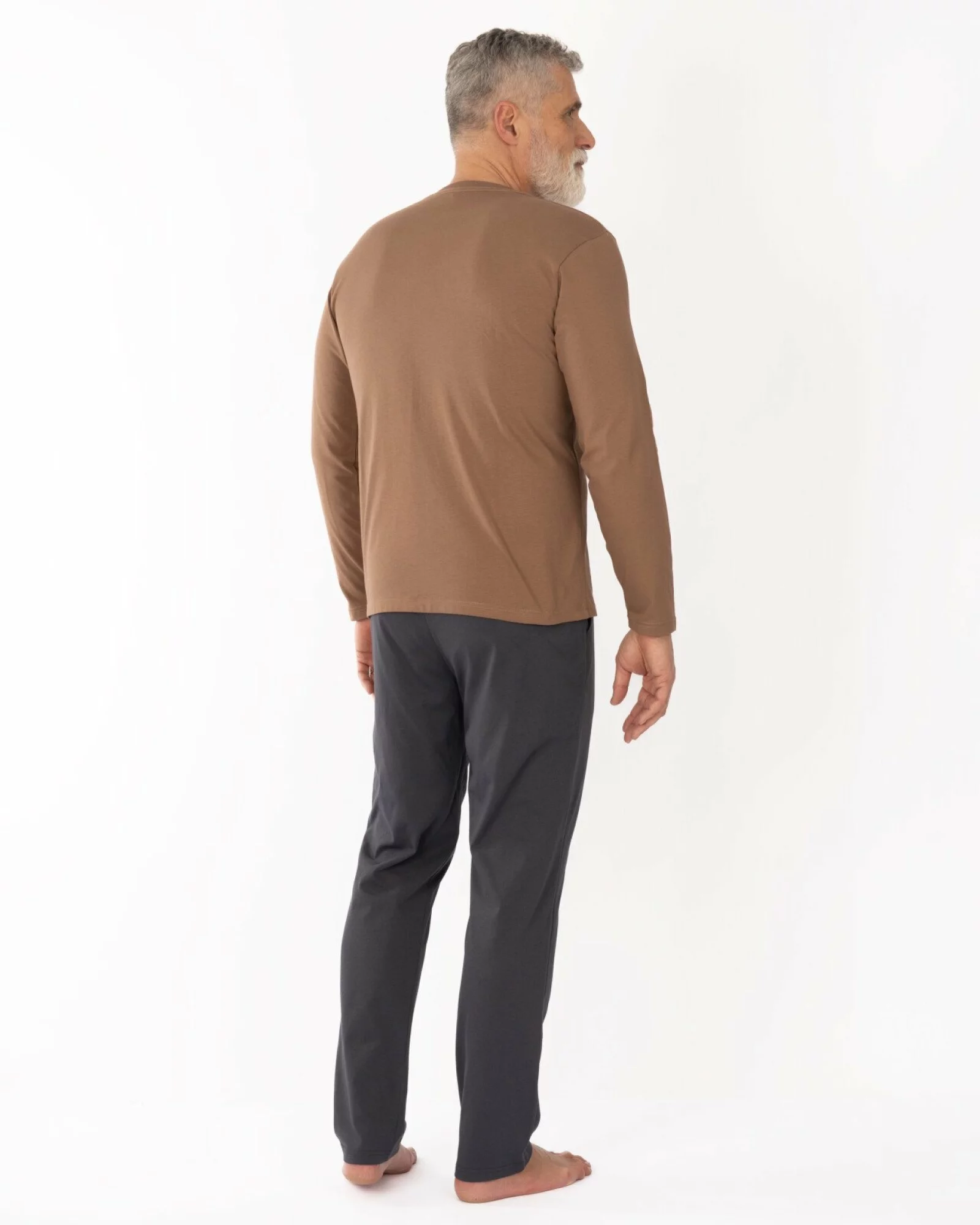 Pijama bărbați, culoare cappuccino, din bumbac, cu fenta și nasturi
