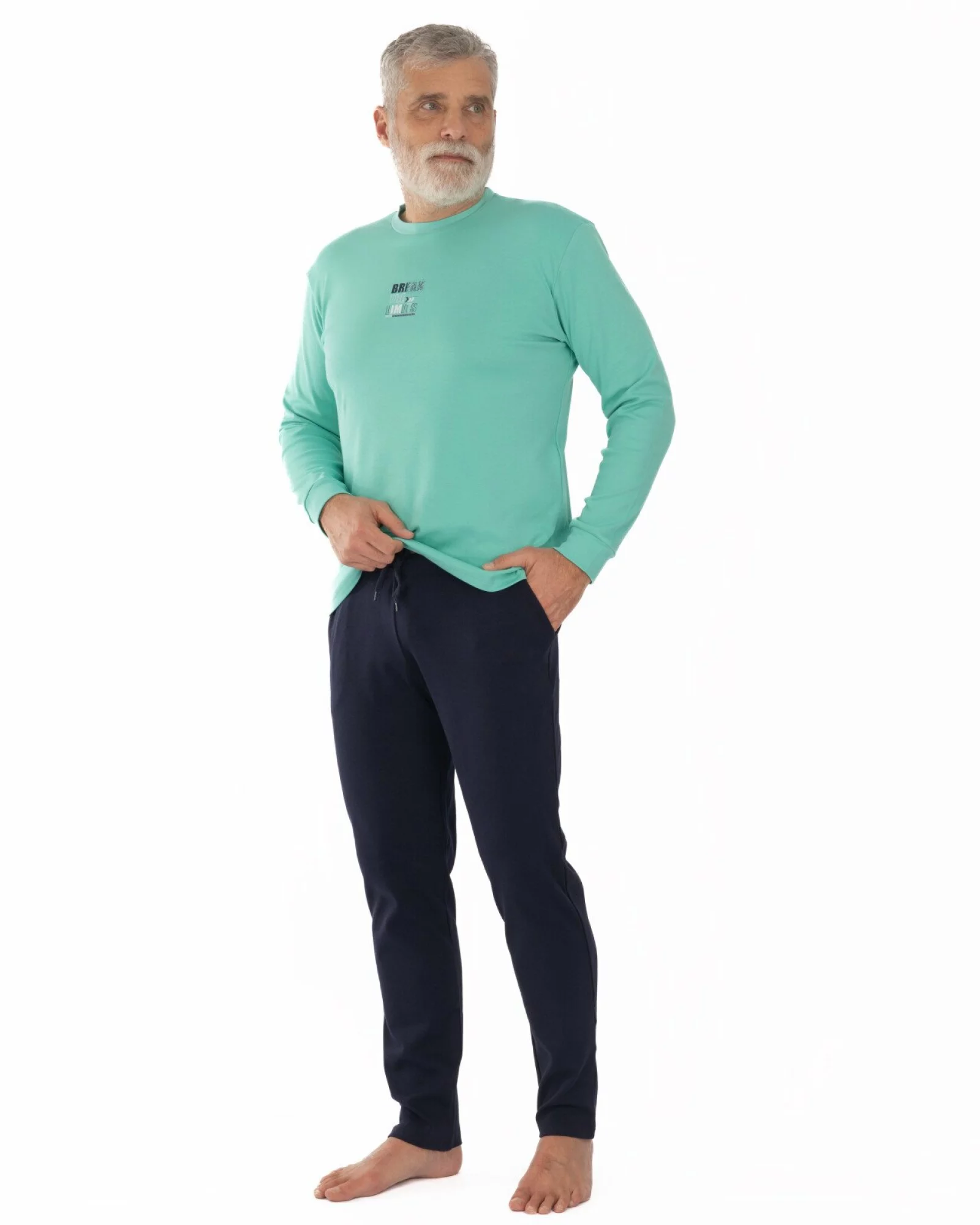 Pijama bărbați din interlock, culoare mint și bleumarin, cu manșete