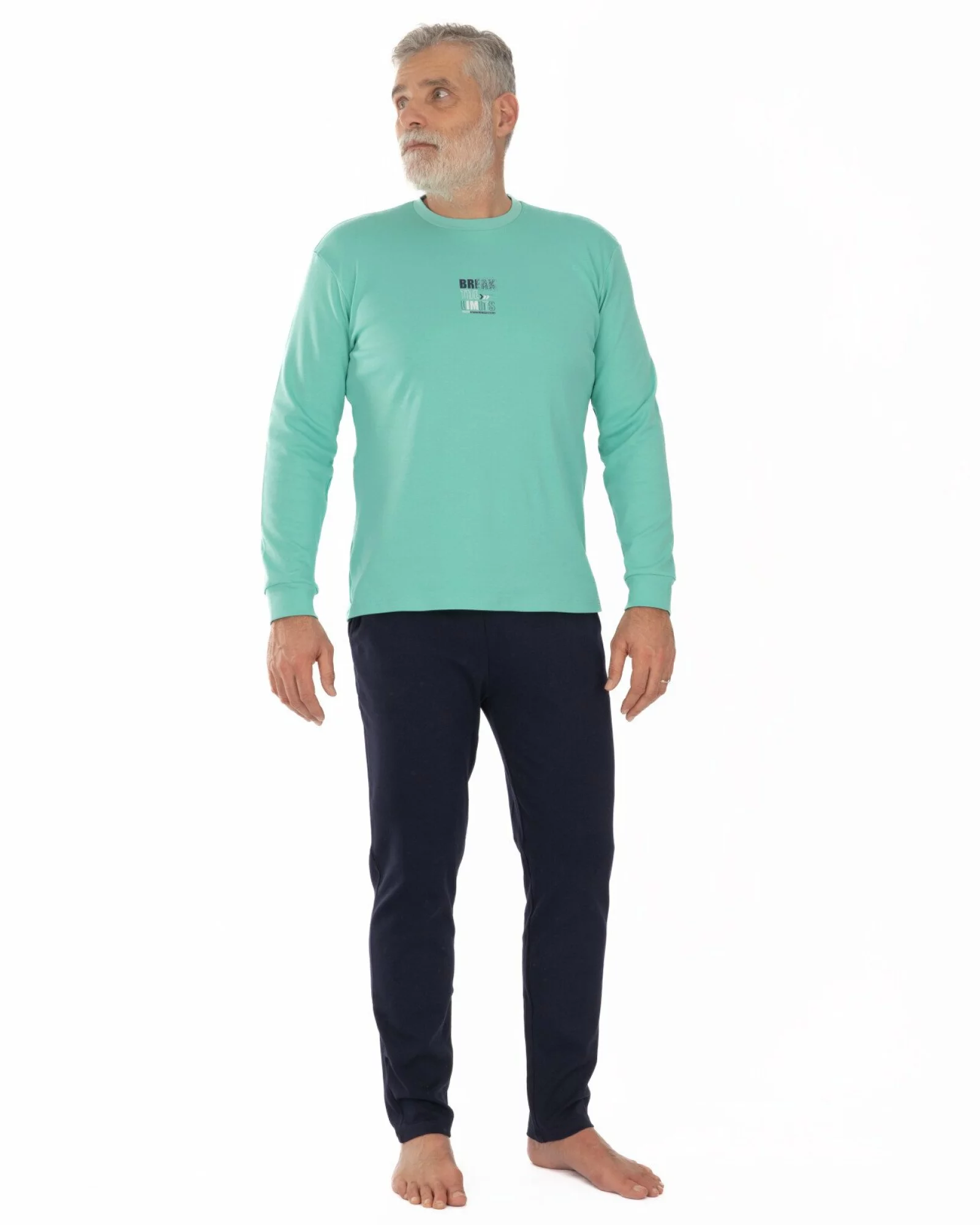 Pijama bărbați din interlock, culoare mint și bleumarin, cu manșete