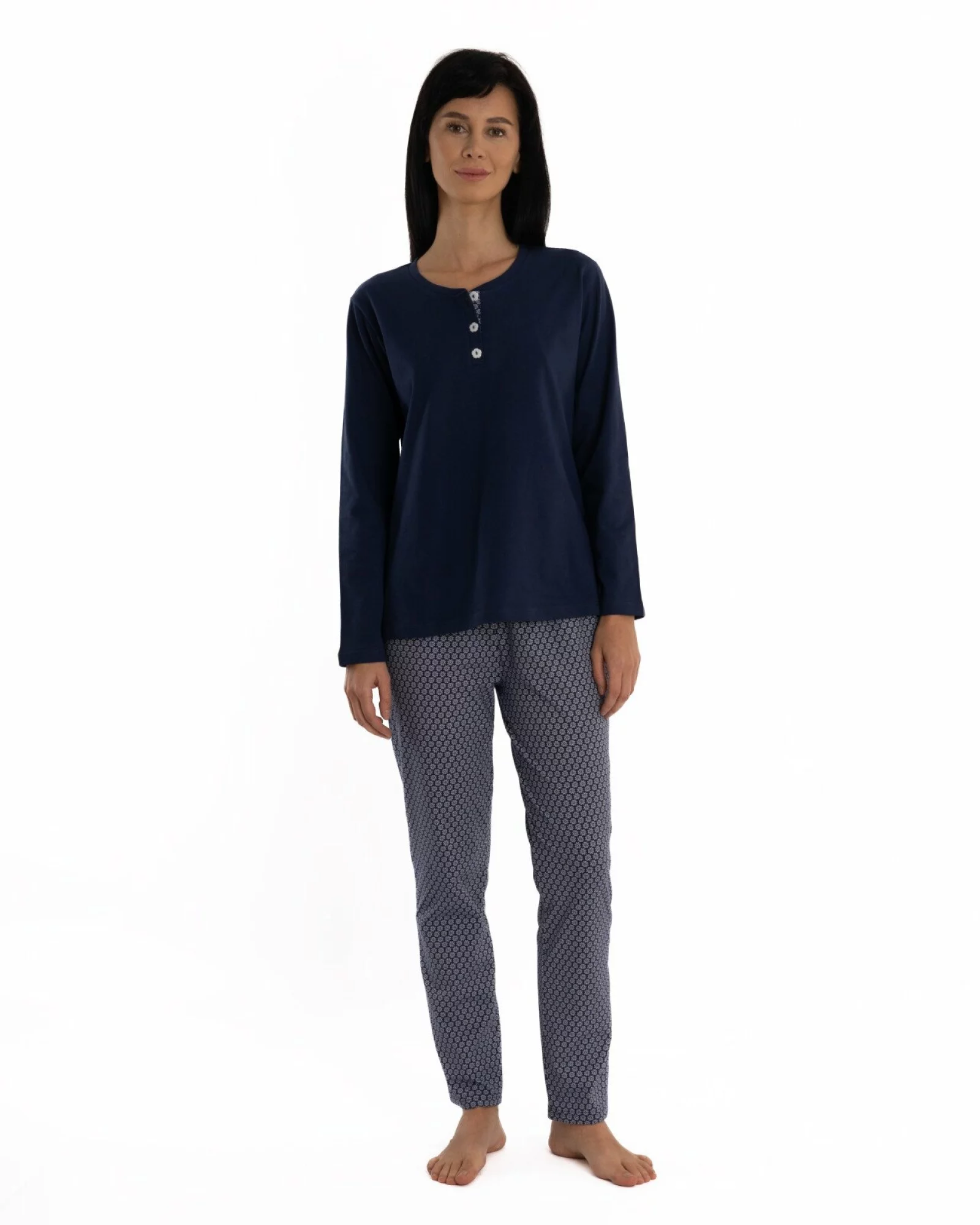 Pijama damă bleumarin din bumbac, cu fentă cu nasturi