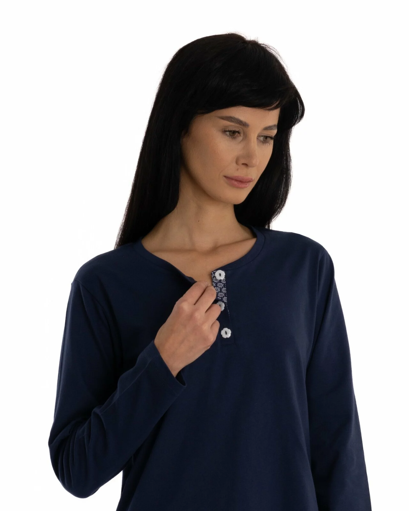 Pijama damă bleumarin din bumbac, cu fentă cu nasturi
