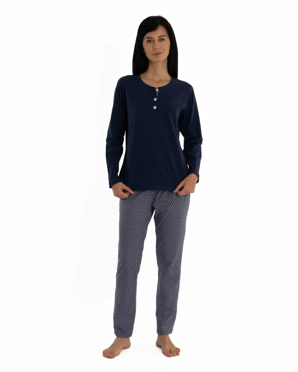 Pijama damă bleumarin din bumbac, cu fentă cu nasturi