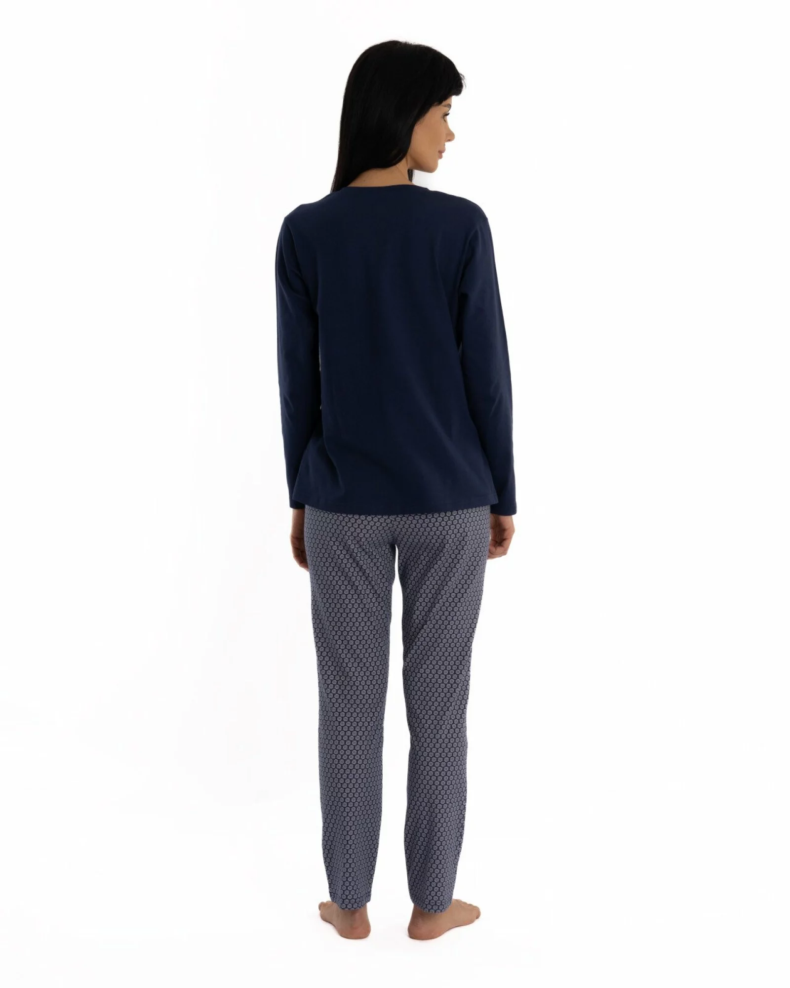 Pijama damă bleumarin din bumbac, cu fentă cu nasturi