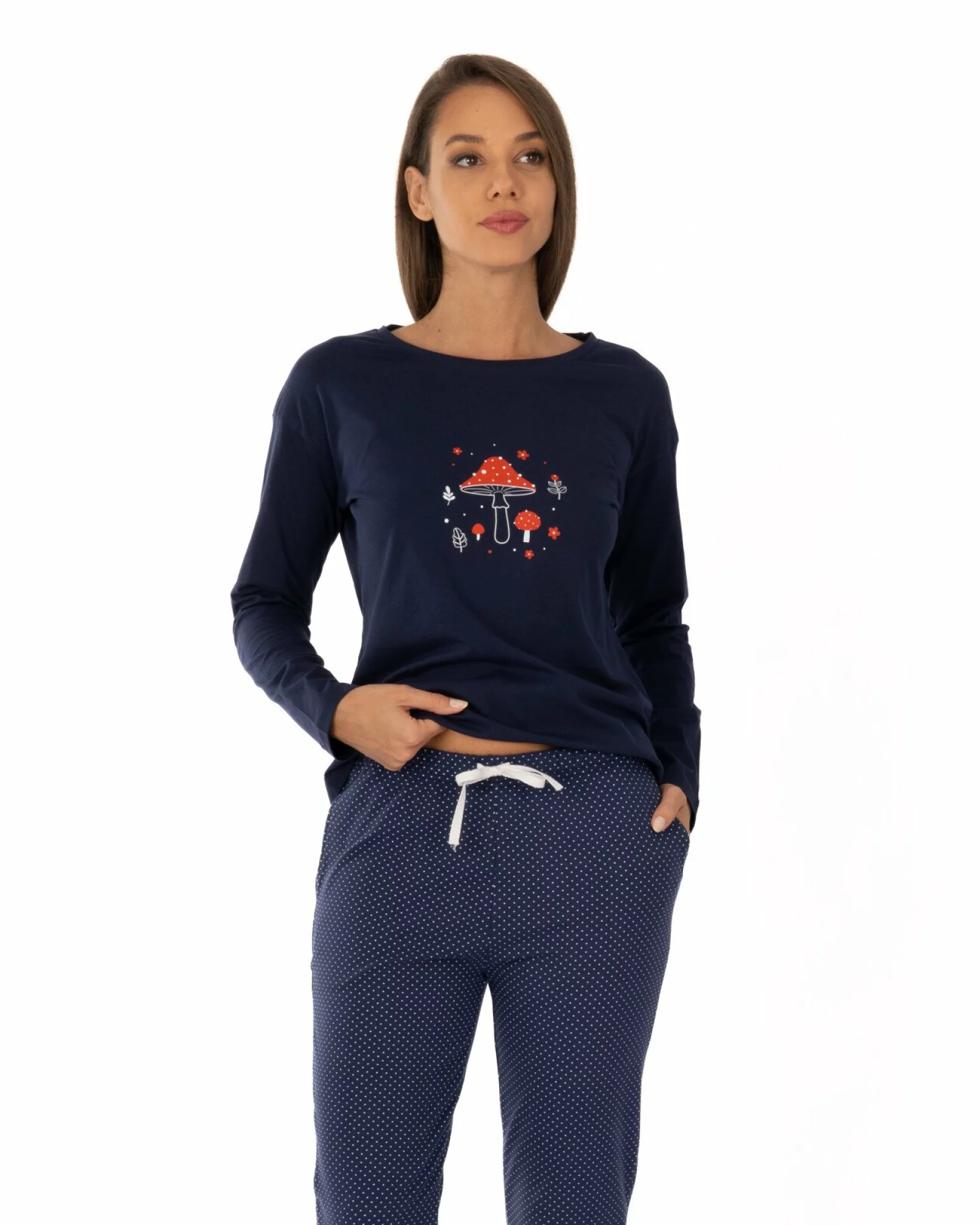 Pijama damă bleumarin din bumbac, lejeră, cu imprimeu