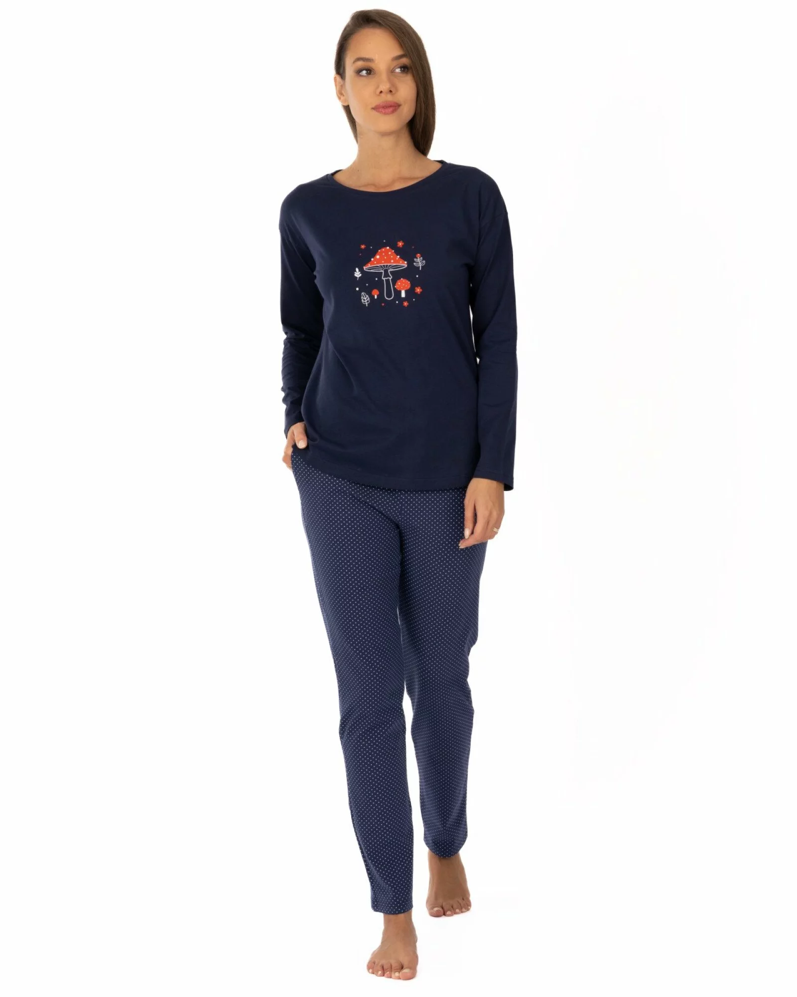 Pijama damă bleumarin din bumbac, lejeră, cu imprimeu