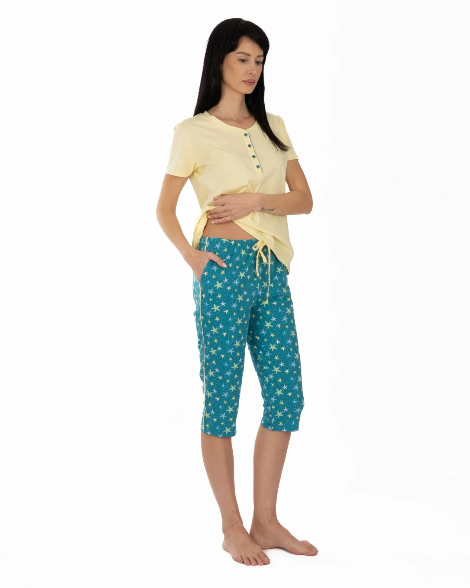 Pijama damă galben din bumbac, cu pantaloni sub genunchi