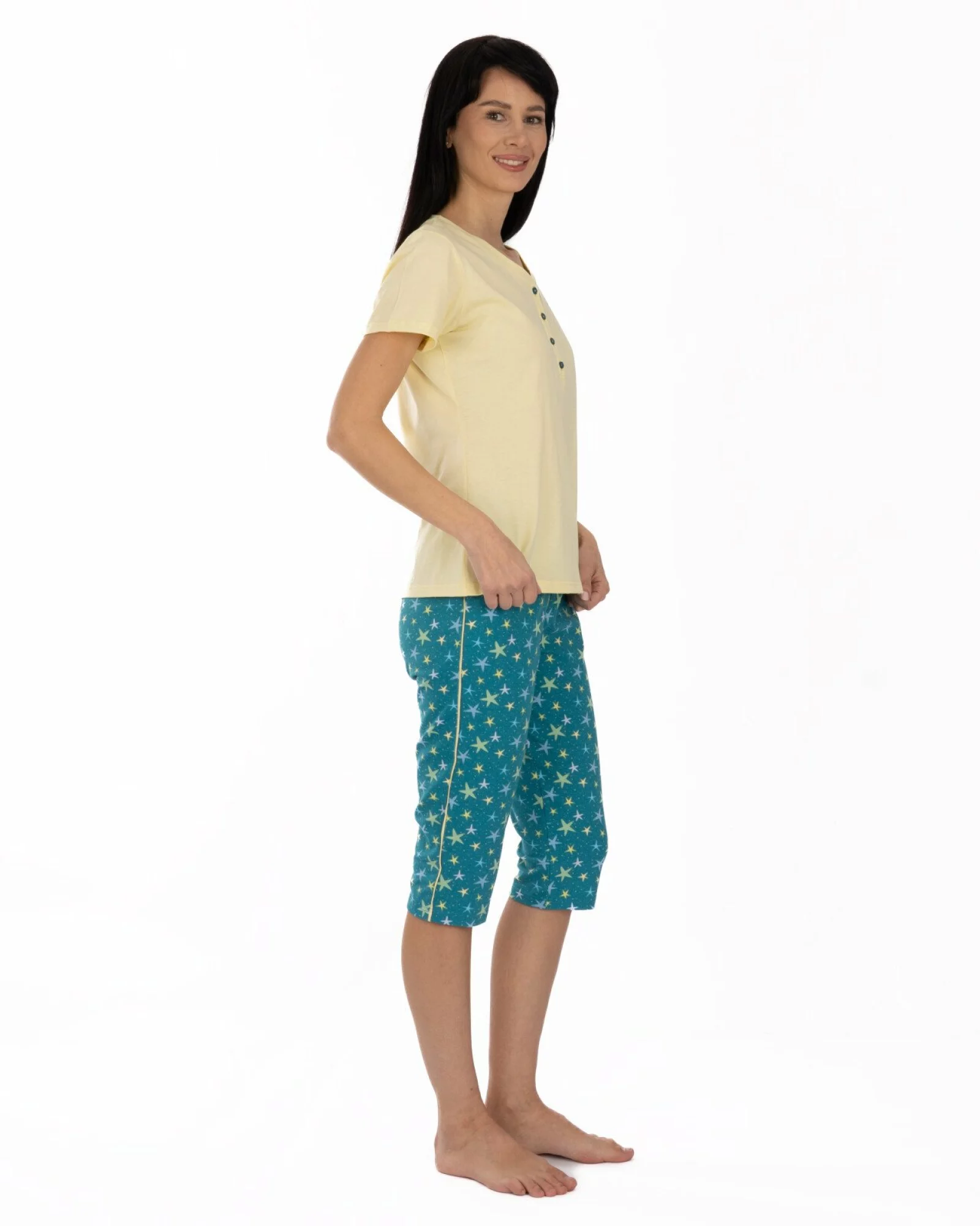 Pijama damă galben din bumbac, cu pantaloni sub genunchi