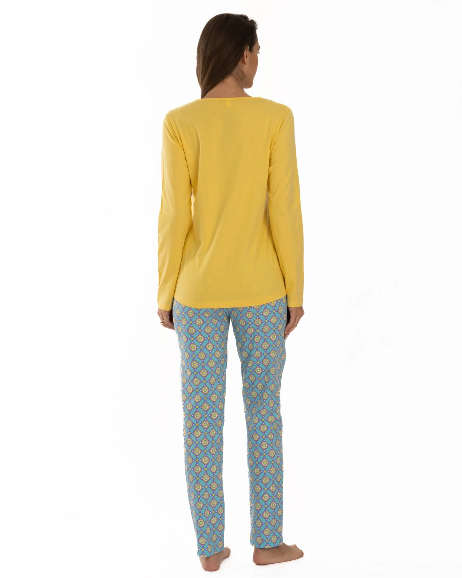 Pijama damă galbenă cu decolteu inimă și pantalon imprimat