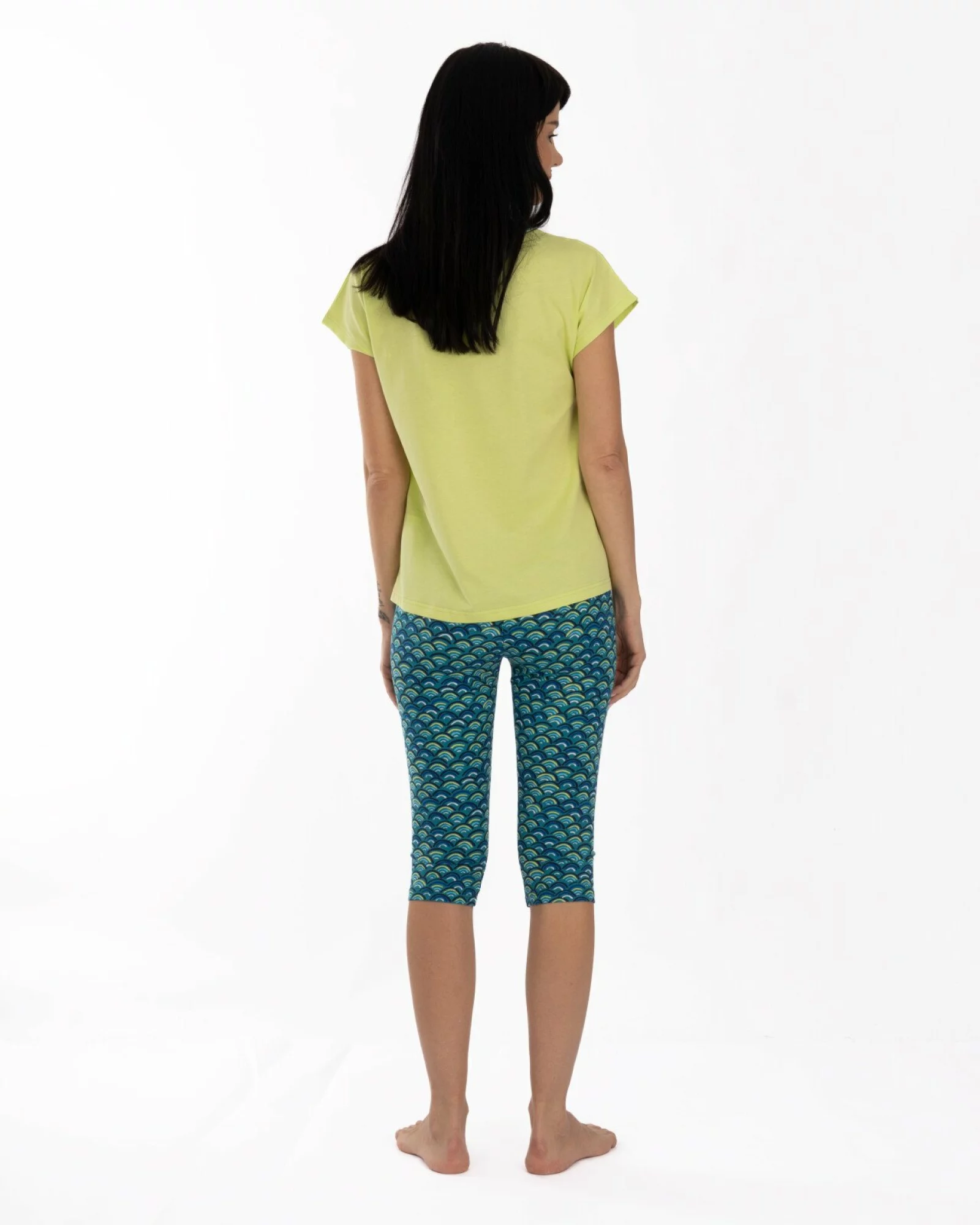 Pijama damă lime din bumbac, cu pantaloni colant sub genunchi