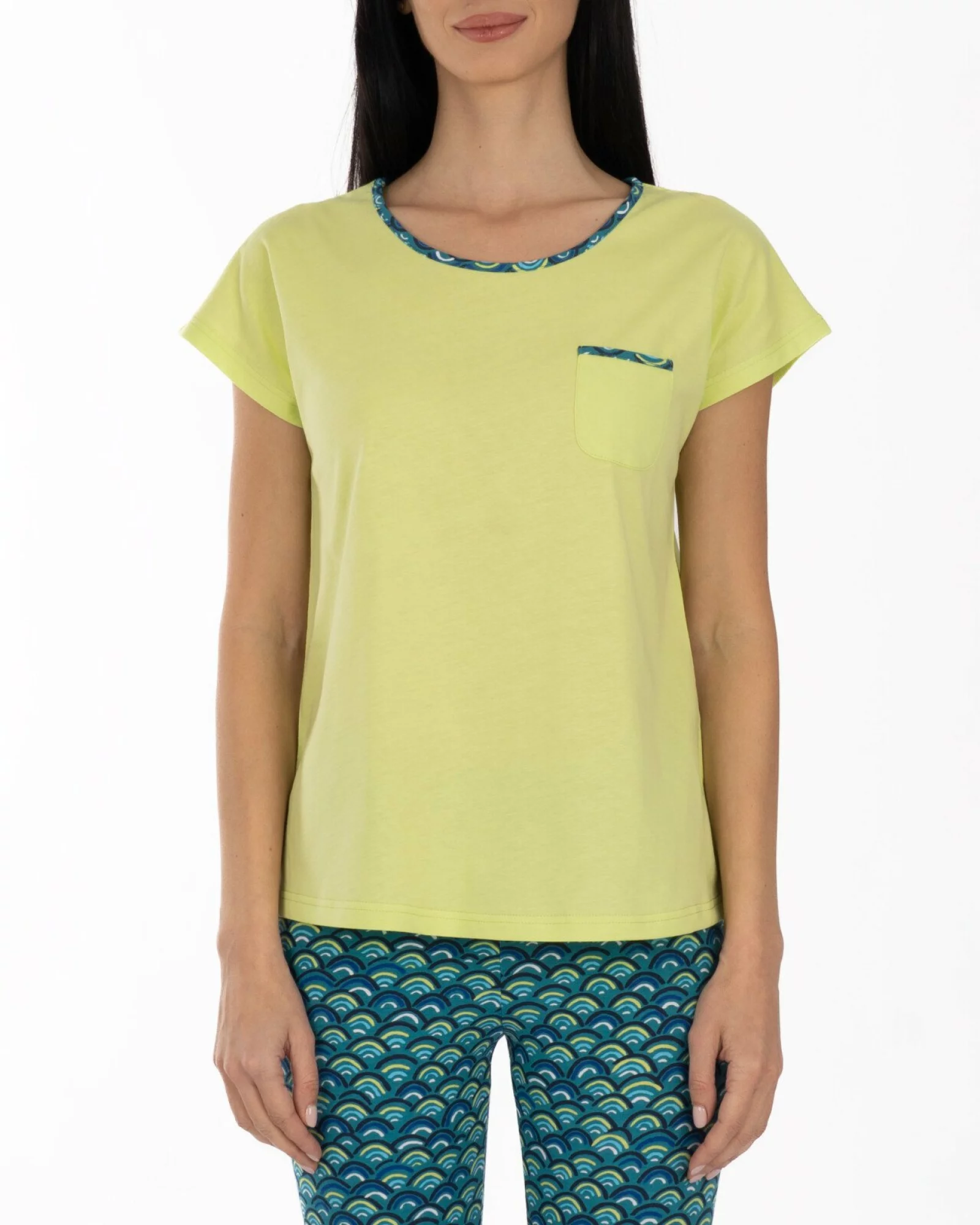 Pijama damă lime din bumbac, cu pantaloni colant sub genunchi