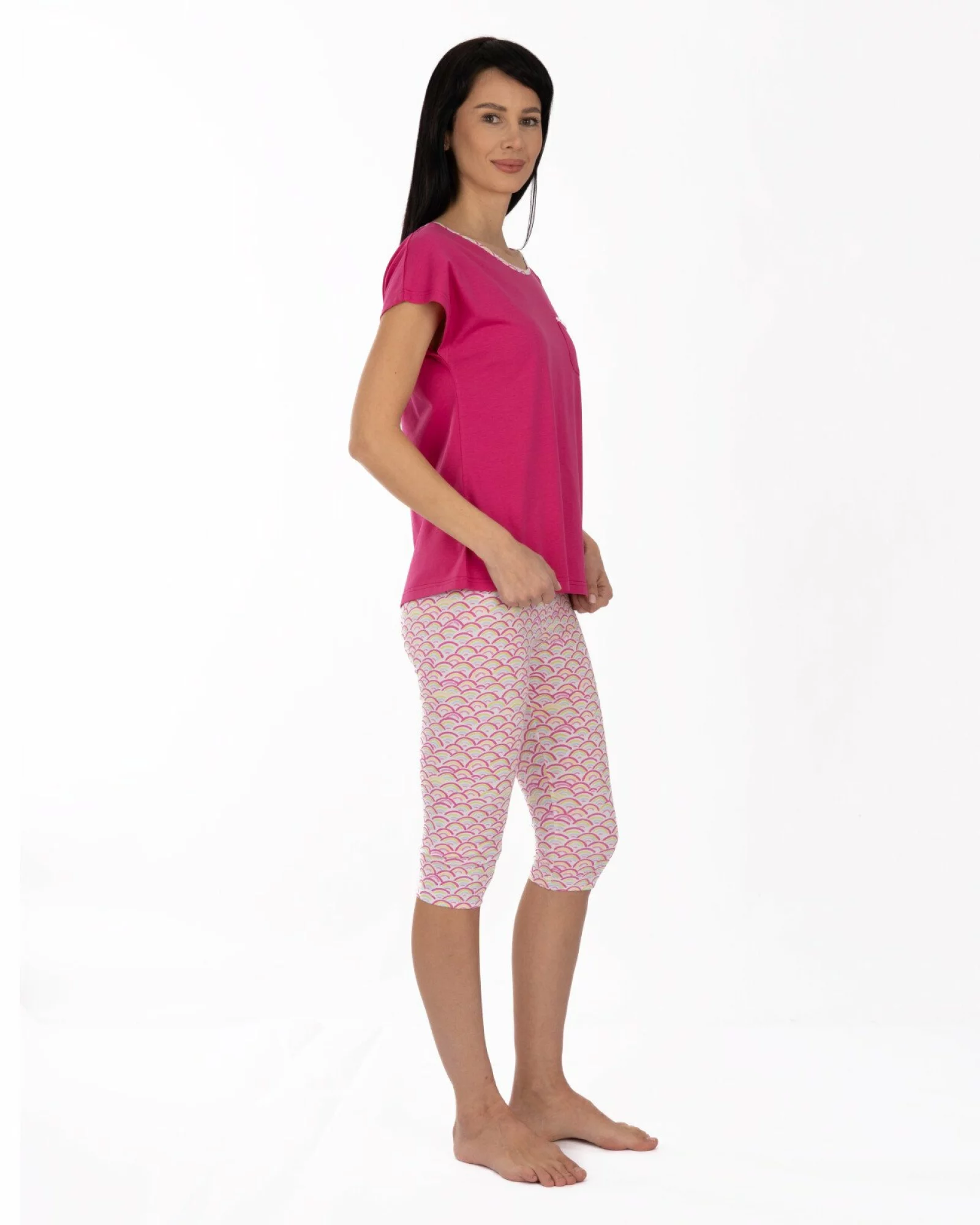 Pijama damă magenta din bumbac, cu pantaloni colant sub genunchi