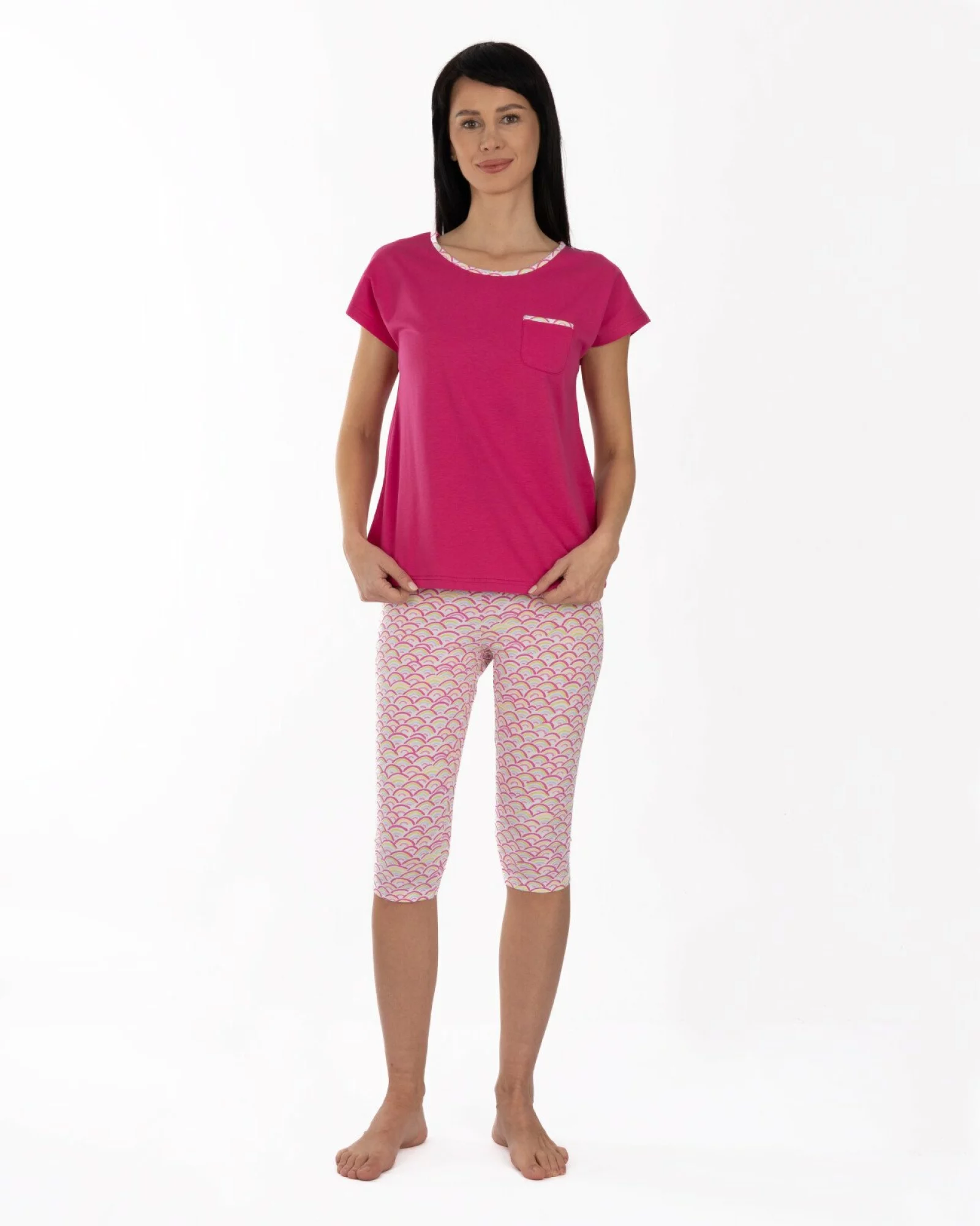 Pijama damă magenta din bumbac, cu pantaloni colant sub genunchi
