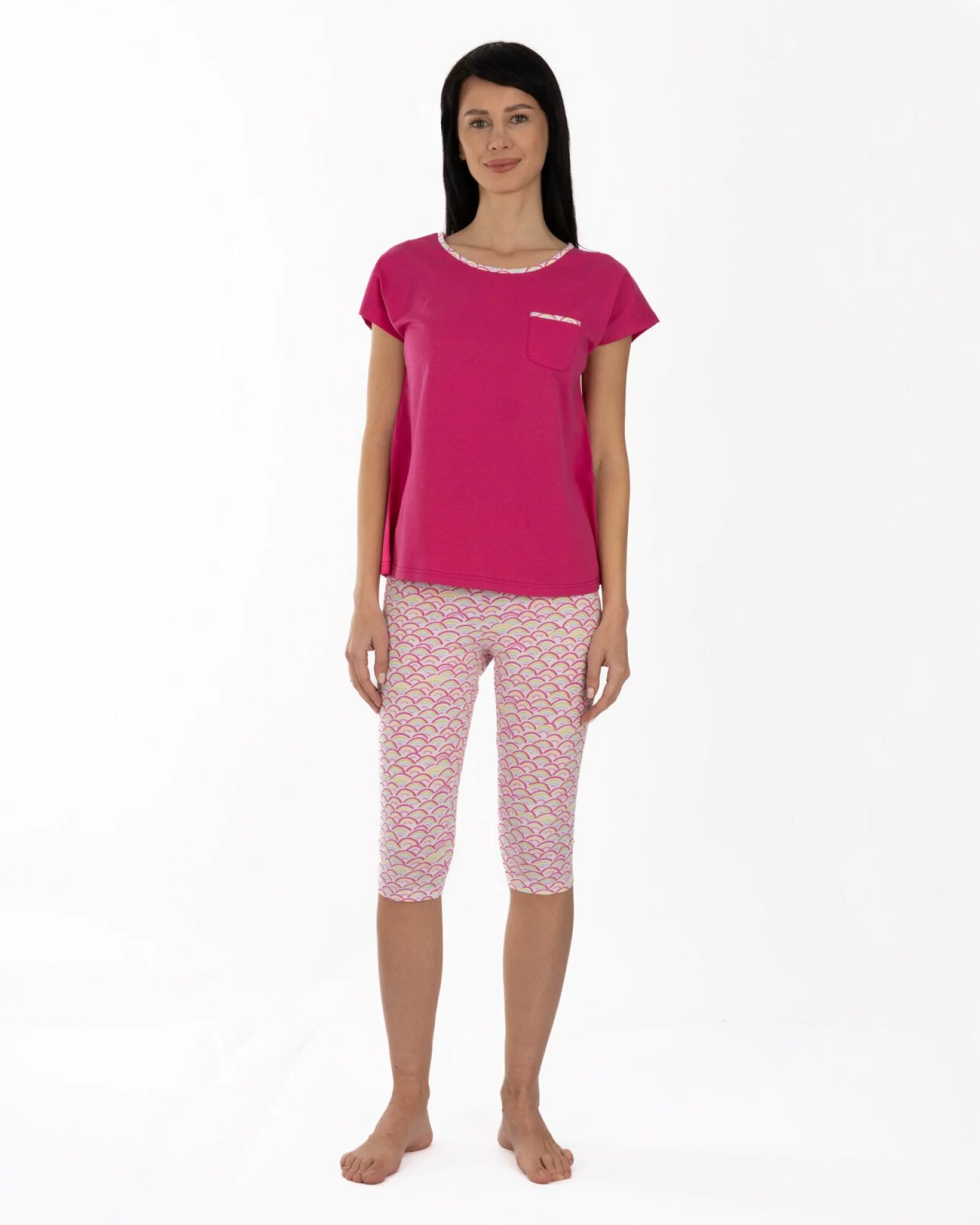 Pijama damă magenta din bumbac, cu pantaloni colant sub genunchi