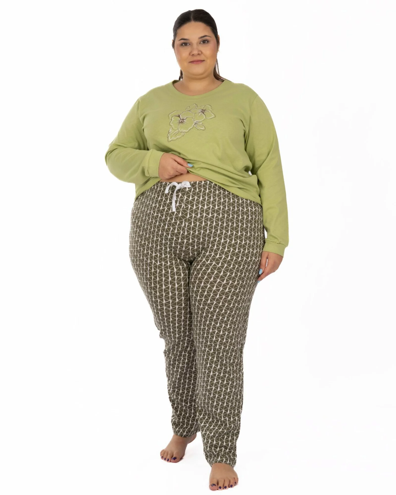 Pijama damă mărimi mari kaki deschis din bumbac, cu manșete