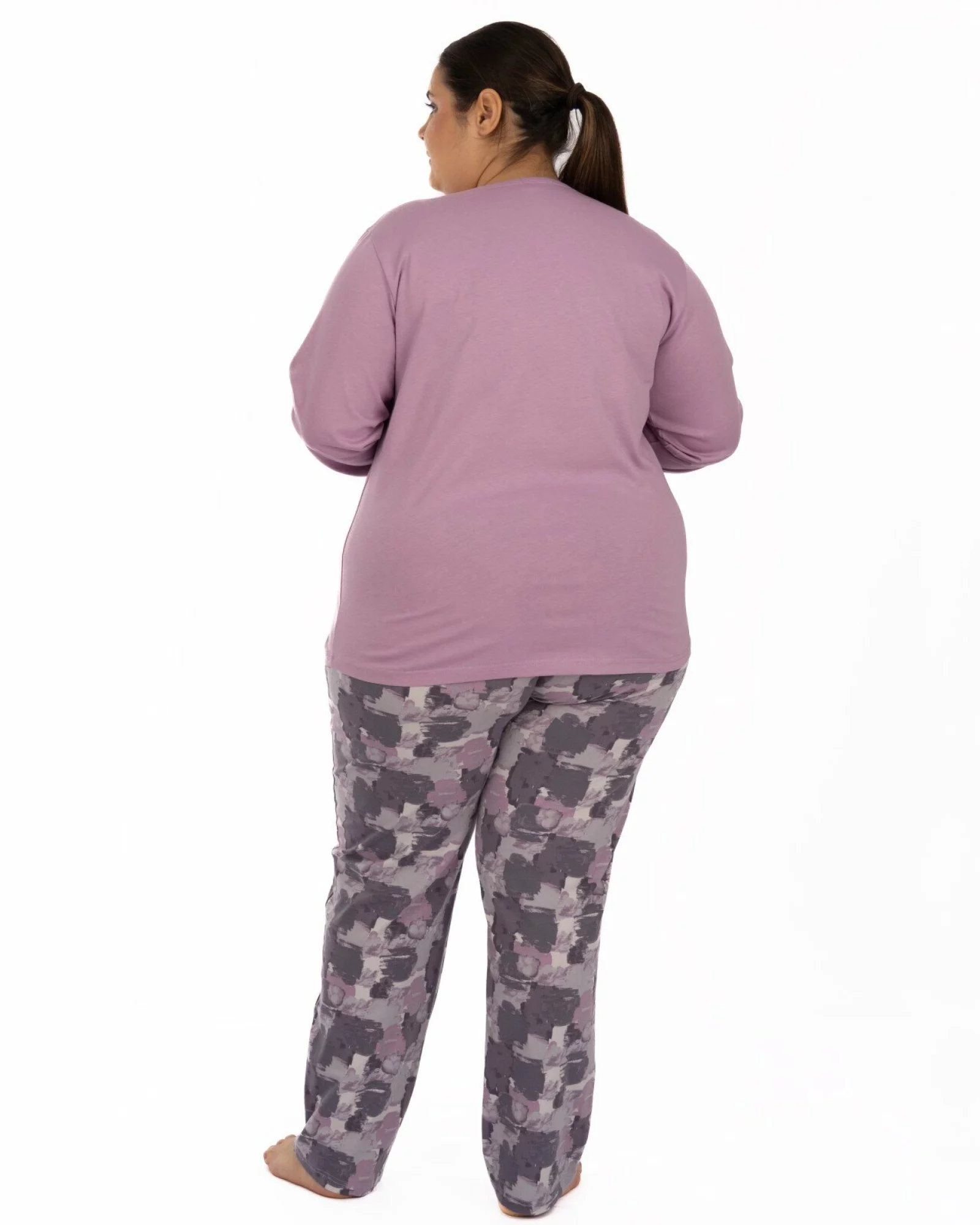 Pijama damă mărimi mari lila din bumbac, cu manșete