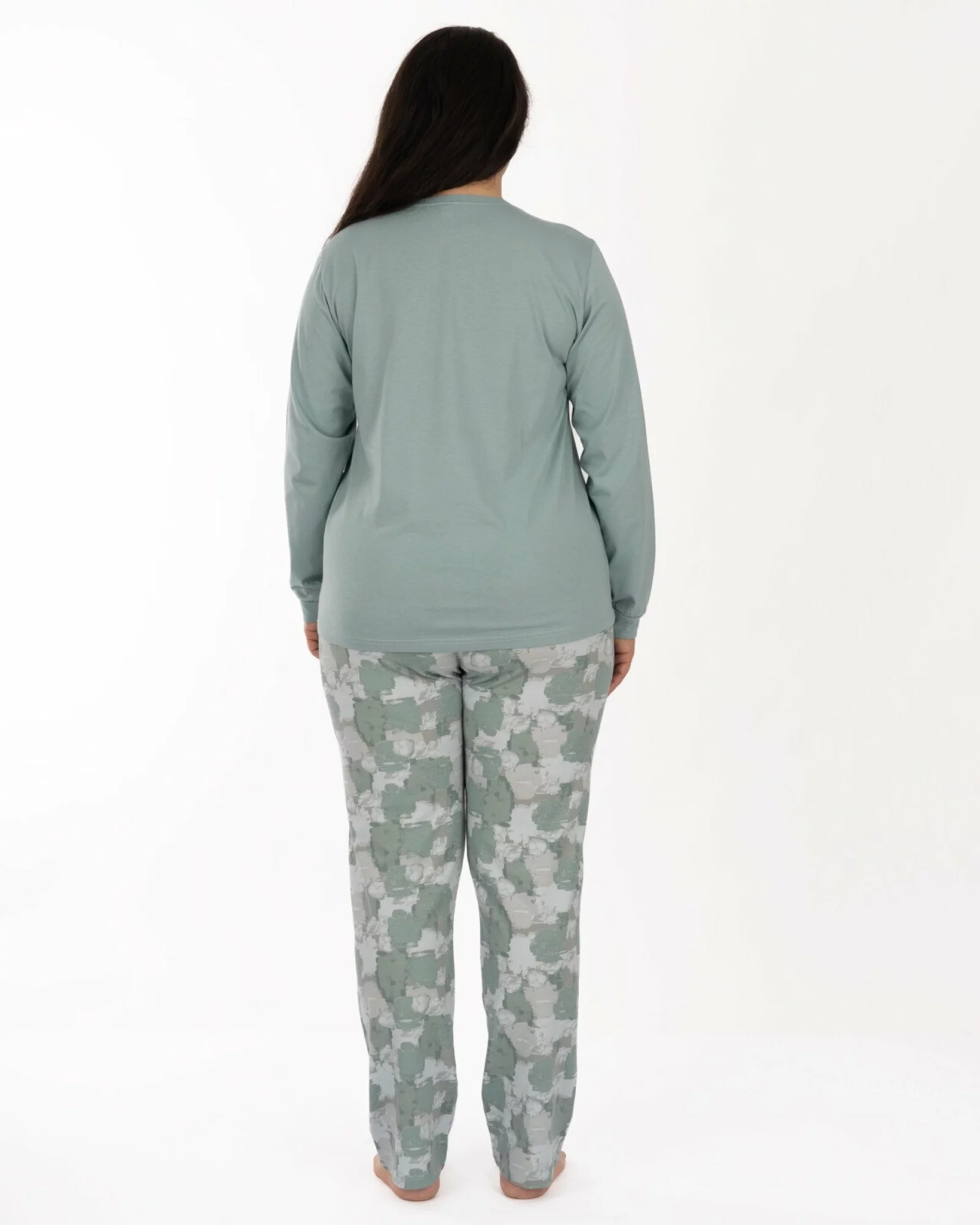 Pijama mărimi mari verde din bumbac cu manșete