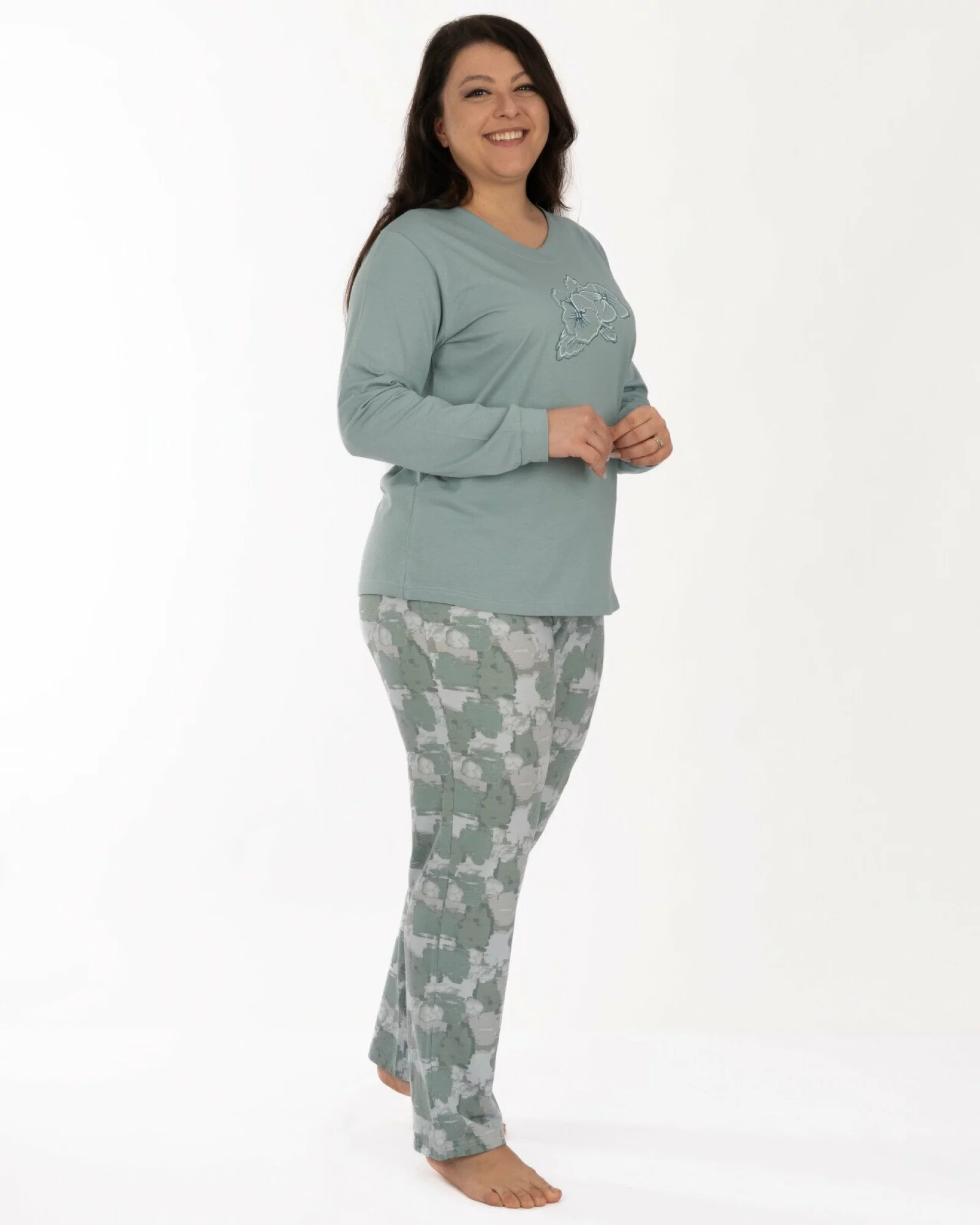 Pijama mărimi mari verde din bumbac cu manșete