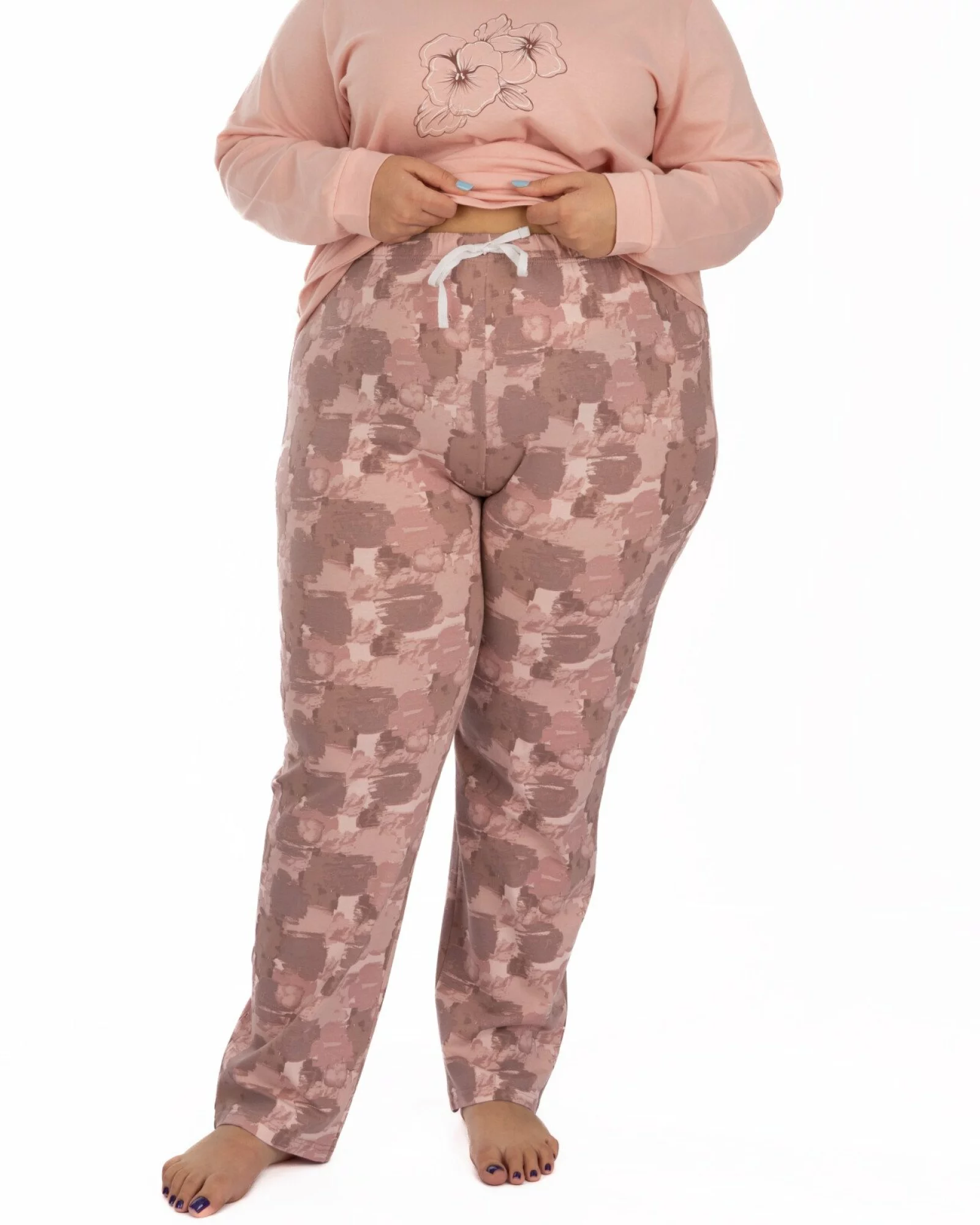 Pijama damă mărimi mari roz pudrat din bumbac, cu manșete